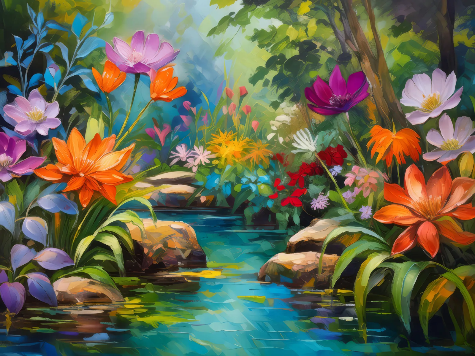 Oasis Garden Beauty, a palette-knife oil landscape by Emma Mickelberg