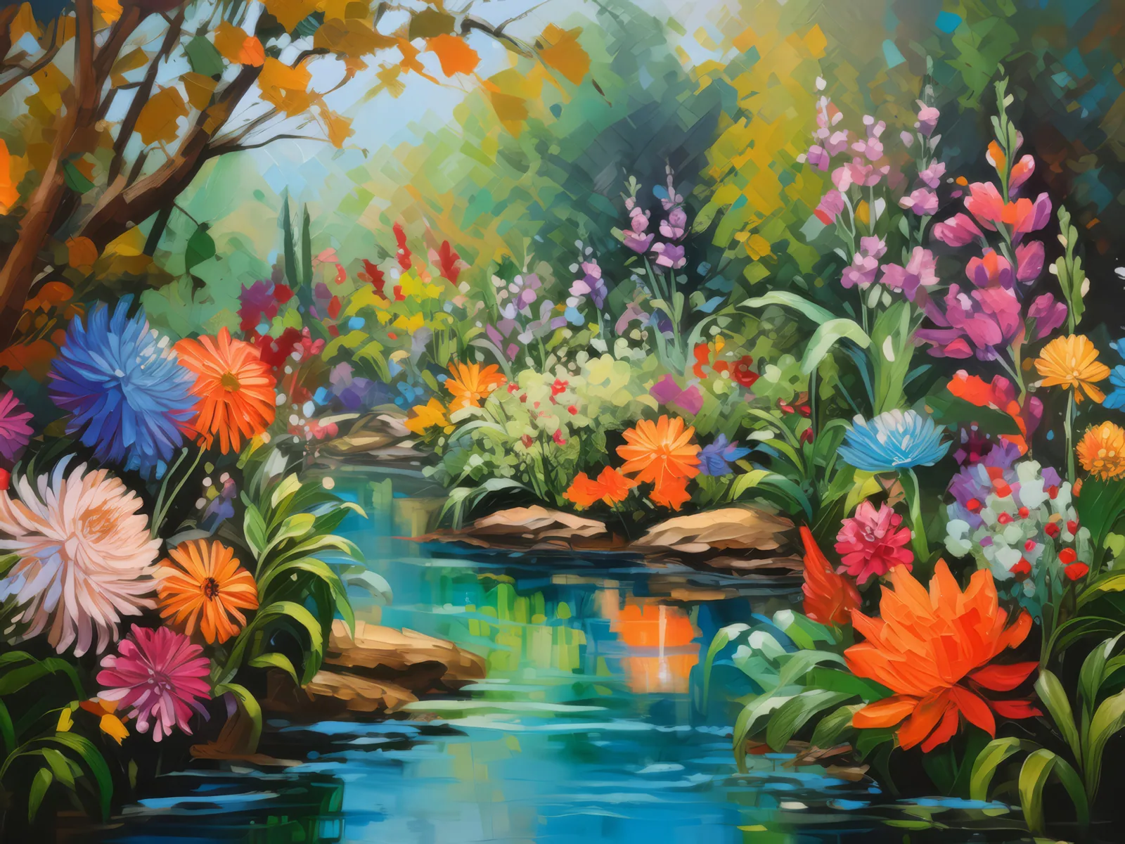 Oasis Garden Oasis, a palette-knife oil landscape by Emma Mickelberg