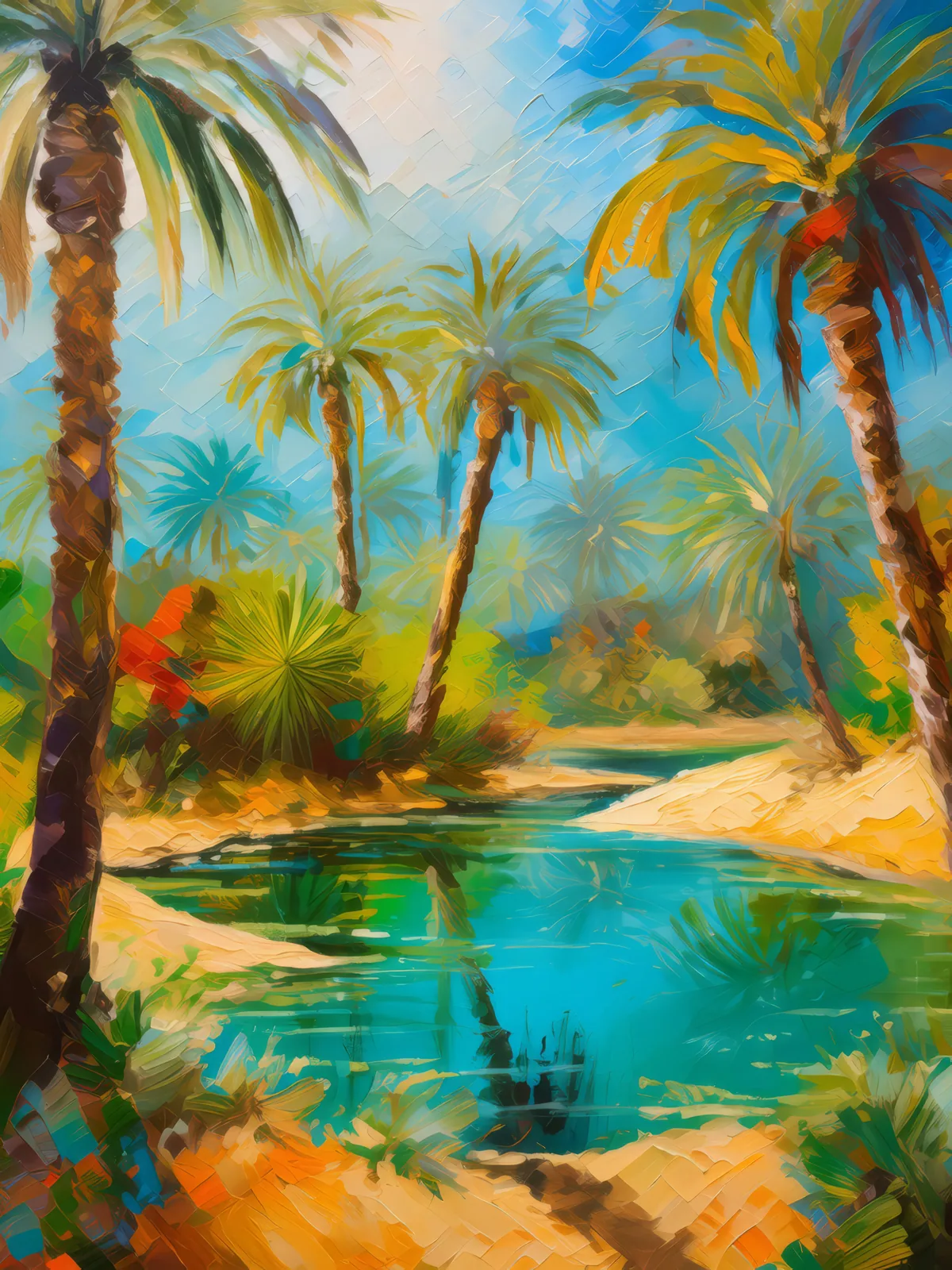 Oasis in Desert, a palette-knife oil landscape by Emma Mickelberg