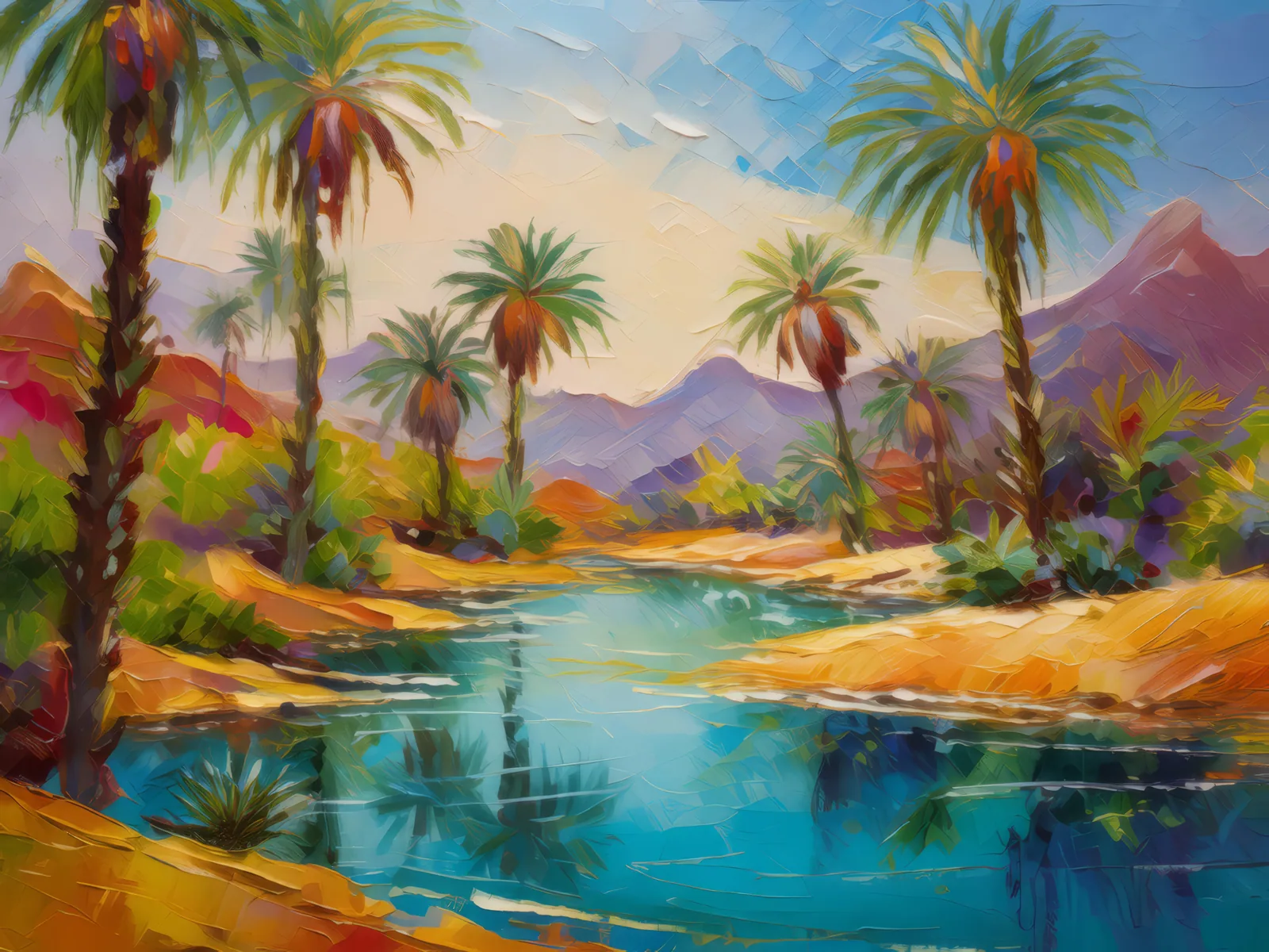Oasis in the Desert, a palette-knife oil landscape by Emma Mickelberg