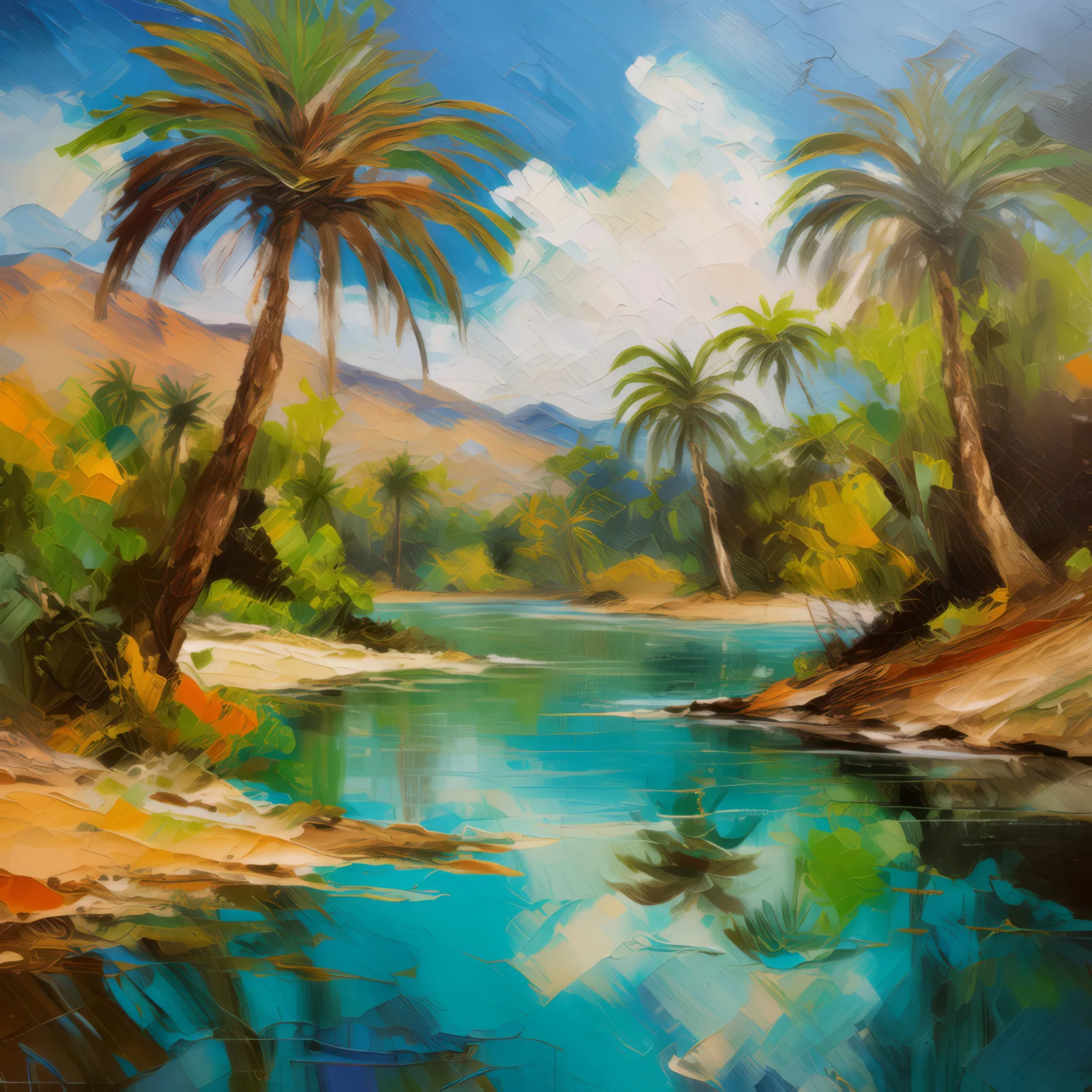 Oasis in the Sands, a palette-knife oil landscape by Emma Mickelberg