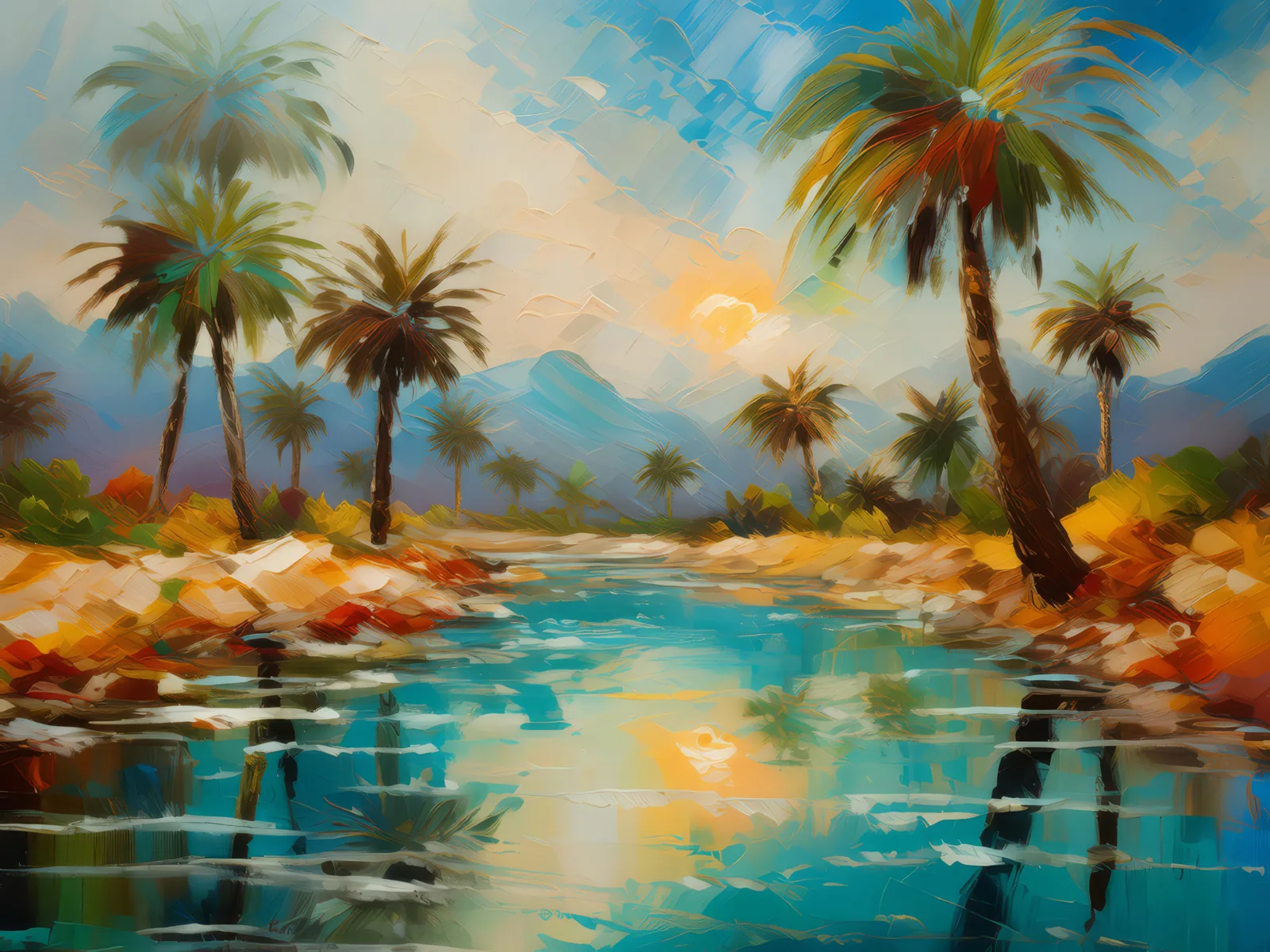 Oasis Mirage Dream, a palette-knife oil landscape by Emma Mickelberg