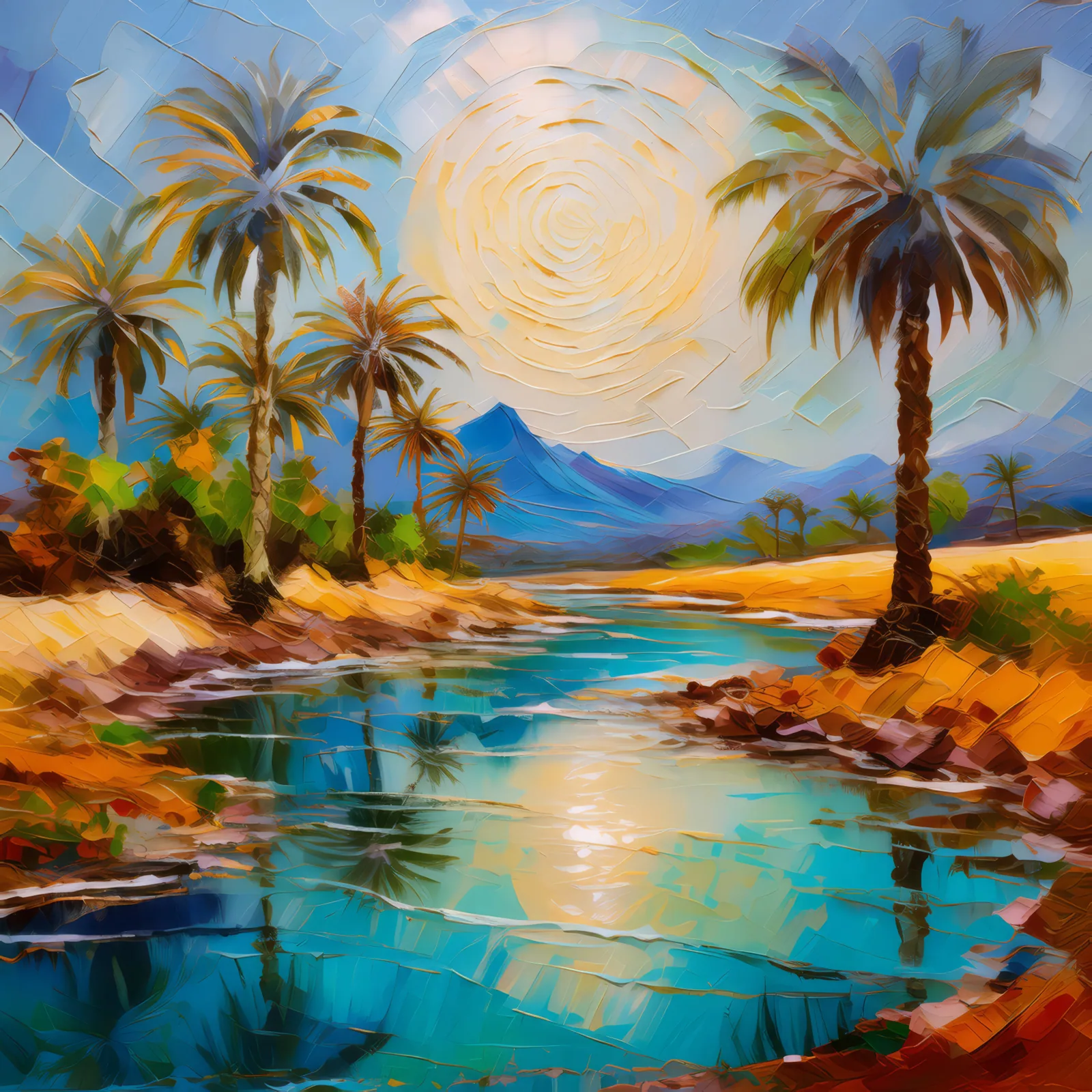 Oasis Mirage Vision, a palette-knife oil landscape by Emma Mickelberg