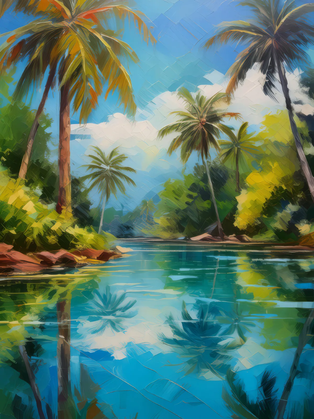 Oasis Reflection Pool, a palette-knife oil landscape by Emma Mickelberg