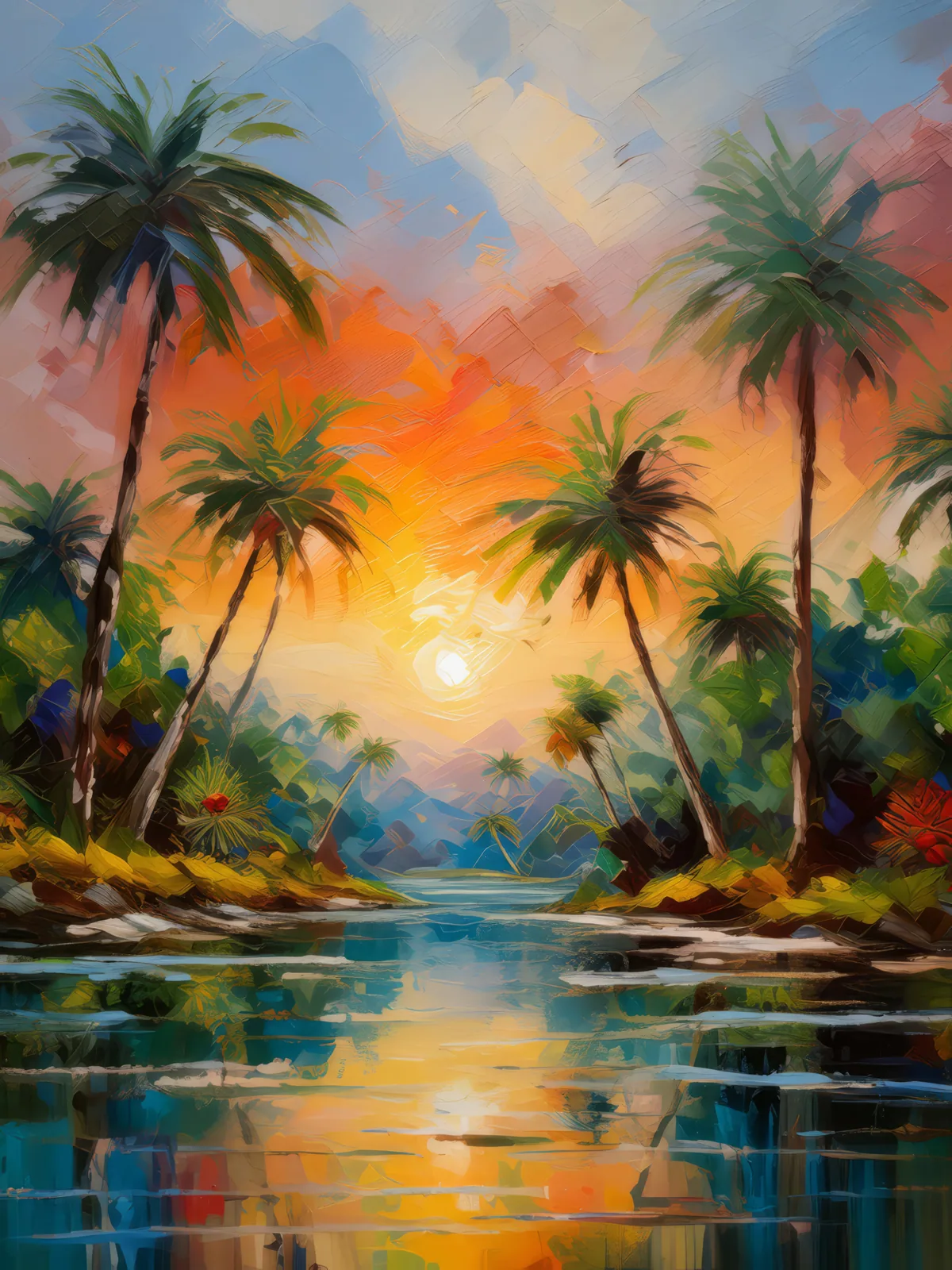Oasis Sunset Reflection, a palette-knife oil landscape by Emma Mickelberg