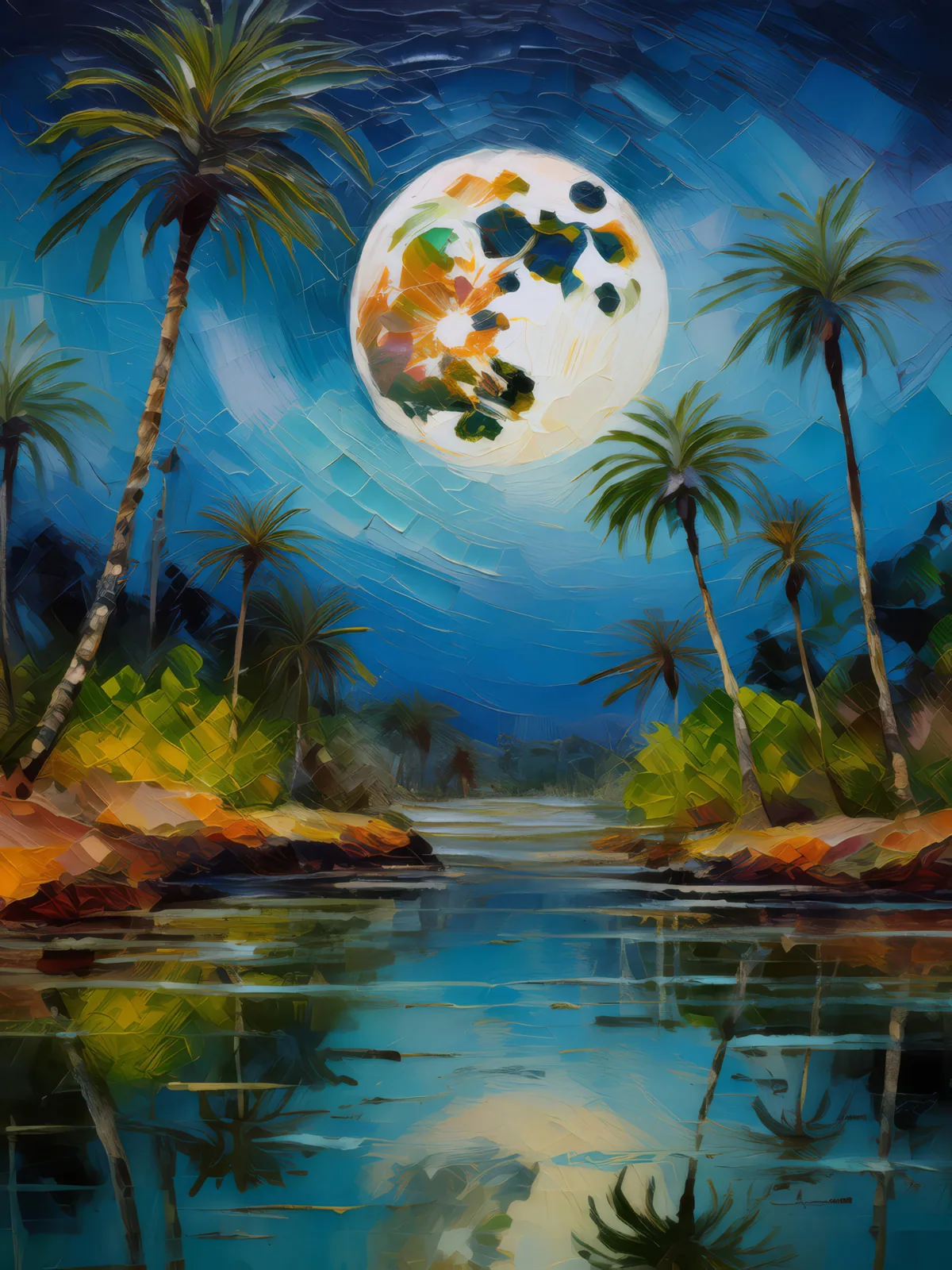 Oasis Under Moonlight, a palette-knife oil landscape by Emma Mickelberg