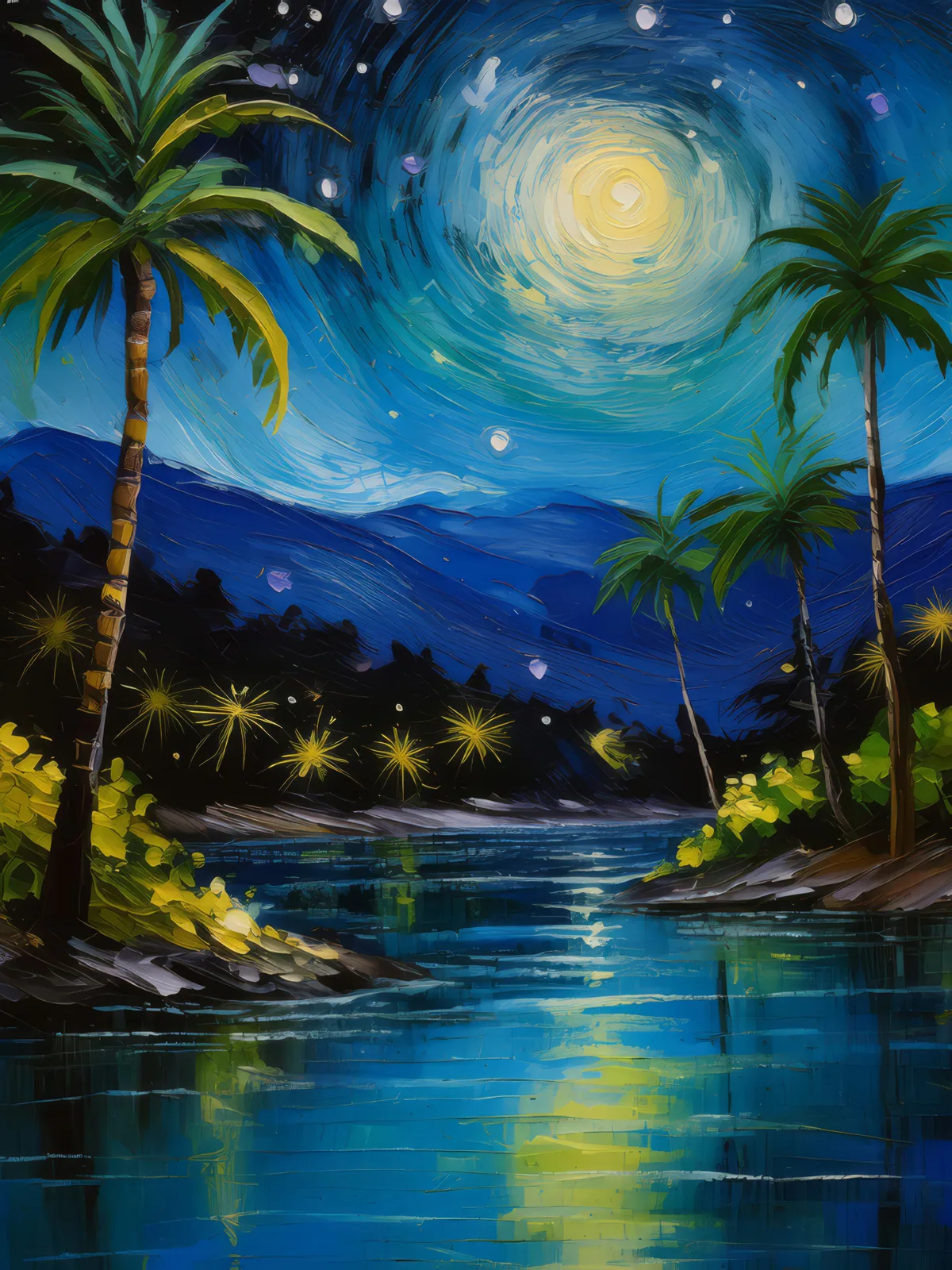 Oasis Under Starry Sky, a palette-knife oil landscape by Emma Mickelberg