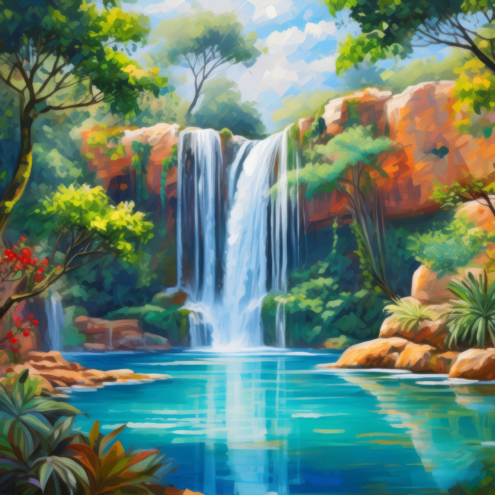 Oasis Waterfall Cascade, a palette-knife oil landscape by Emma Mickelberg
