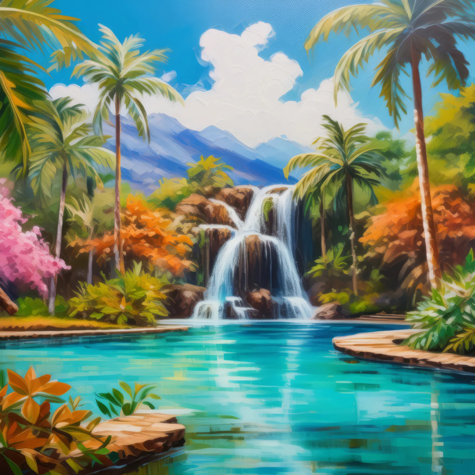 Oasis Waterfall Oasis, a palette-knife oil landscape by Emma Mickelberg