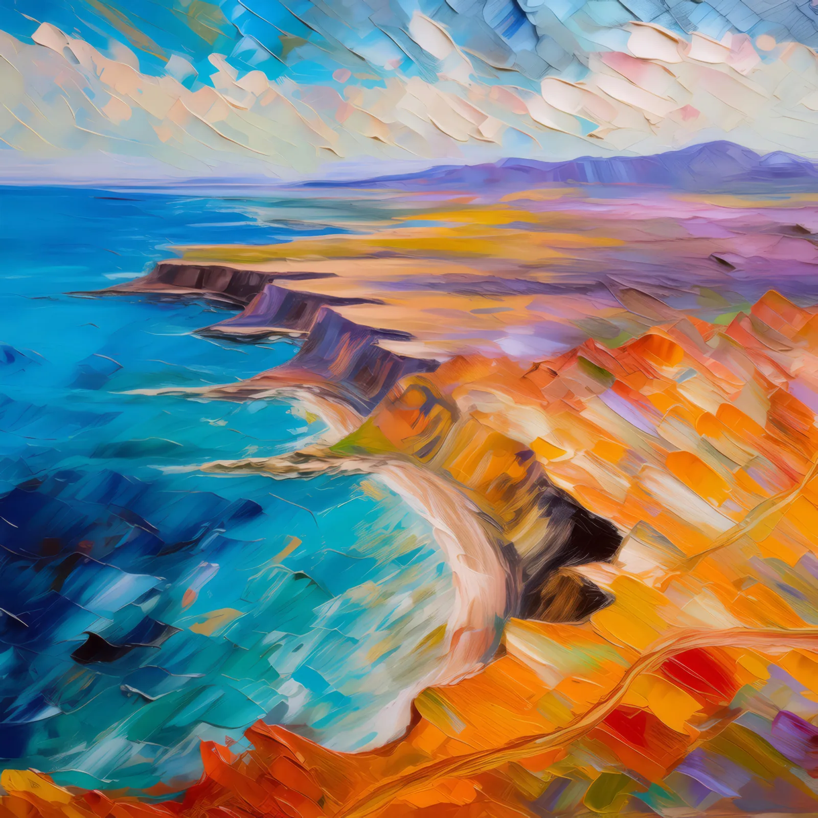 Ocean Desert Aerial View, a palette-knife oil landscape by Emma Mickelberg
