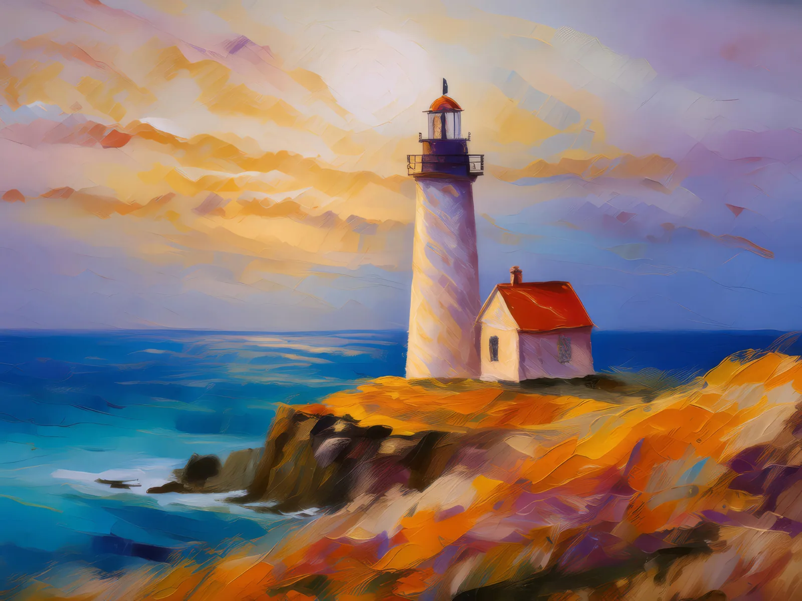 Ocean Desert Lighthouse Watch, a palette-knife oil landscape by Emma Mickelberg