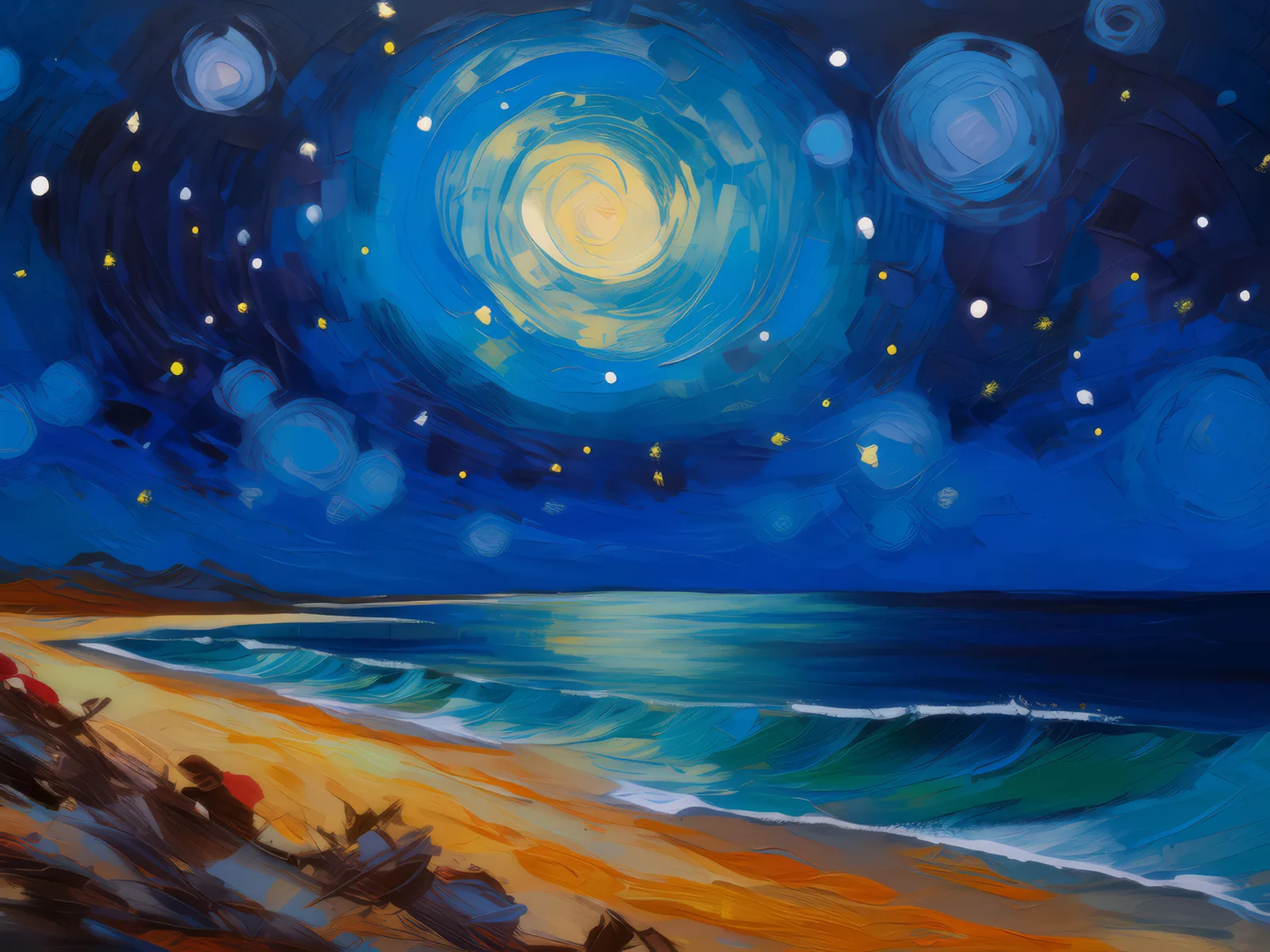 Ocean Desert Starry Night, a palette-knife oil landscape by Emma Mickelberg