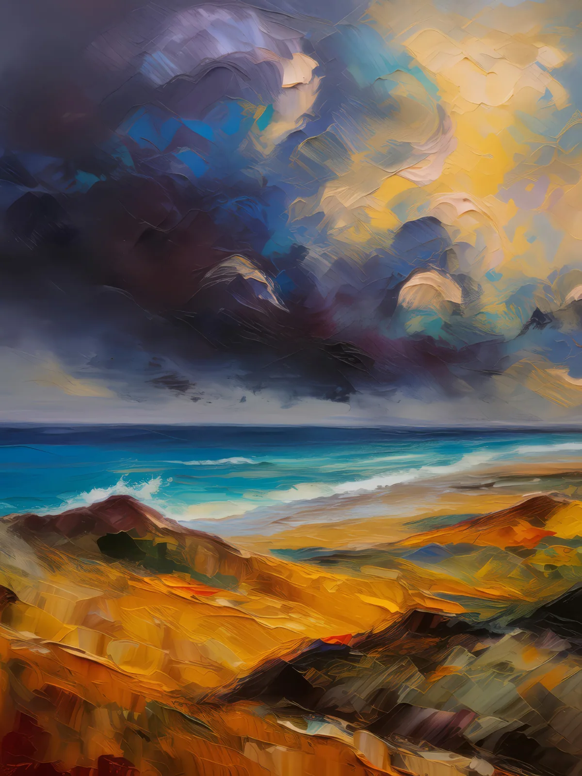 Ocean Desert Storm Brewing, a palette-knife oil landscape by Emma Mickelberg