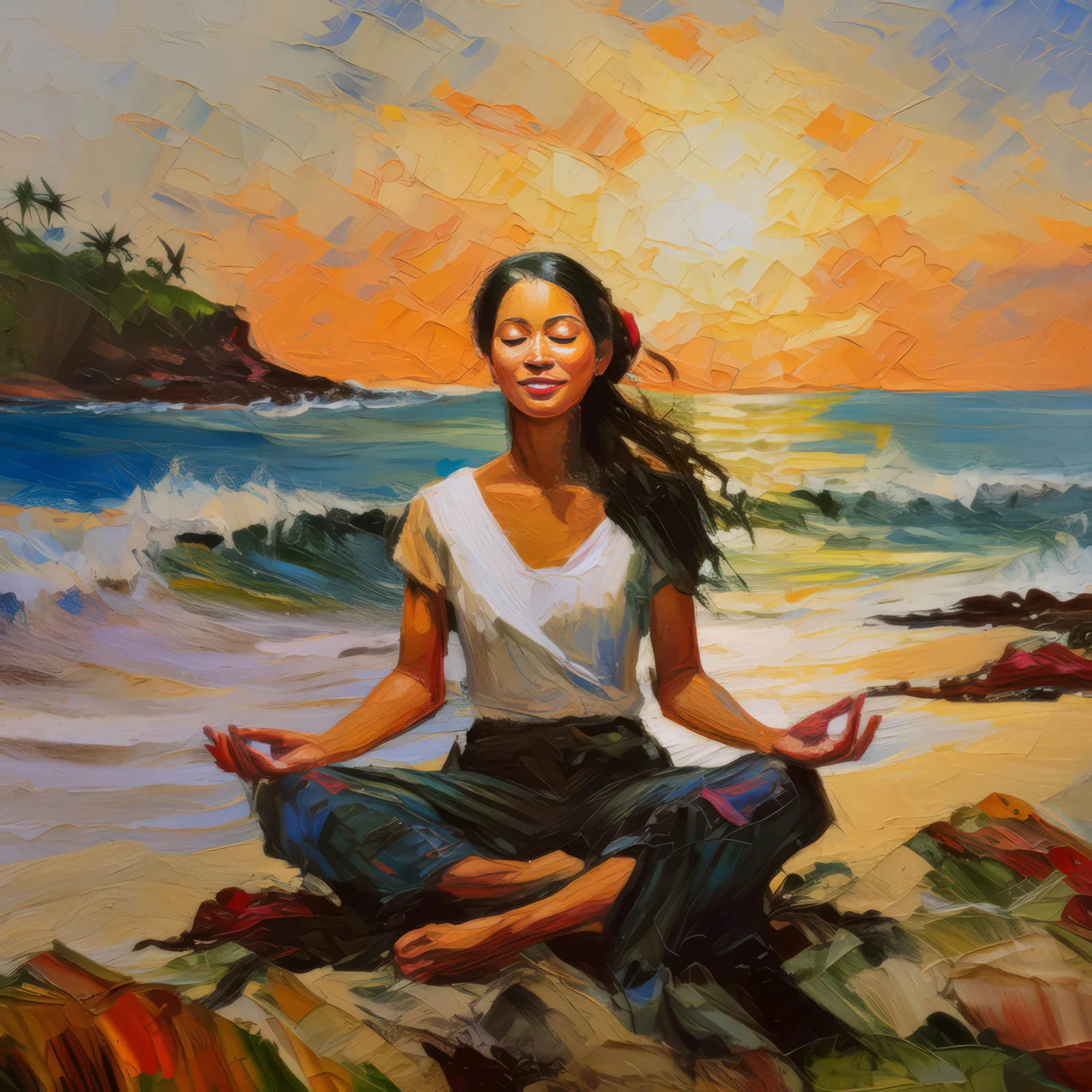 Ocean Sunset Meditation, a palette-knife oil landscape by Emma Mickelberg