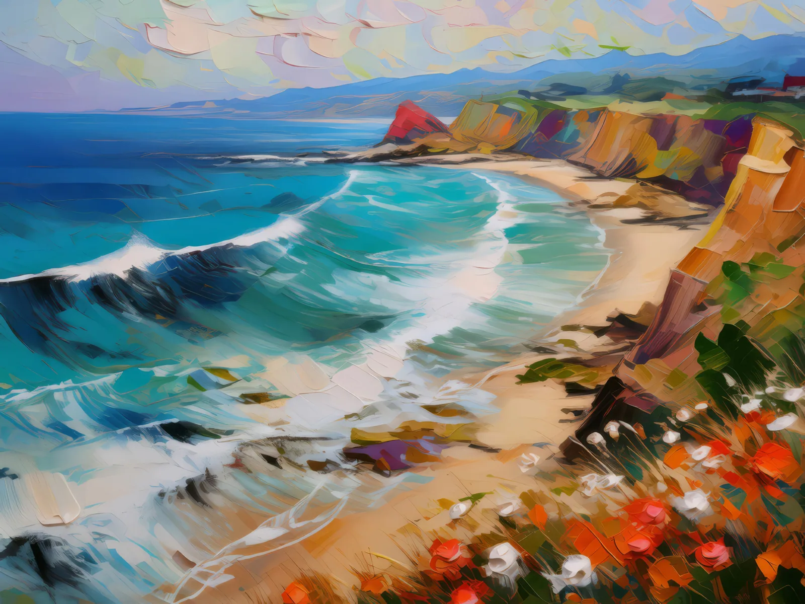 Ocean View from Cliff, a palette-knife oil landscape by Emma Mickelberg