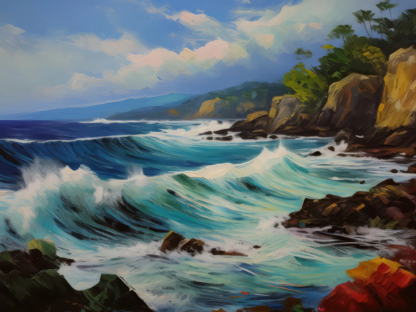 Ocean Wave Splendor, a palette-knife oil landscape by Emma Mickelberg