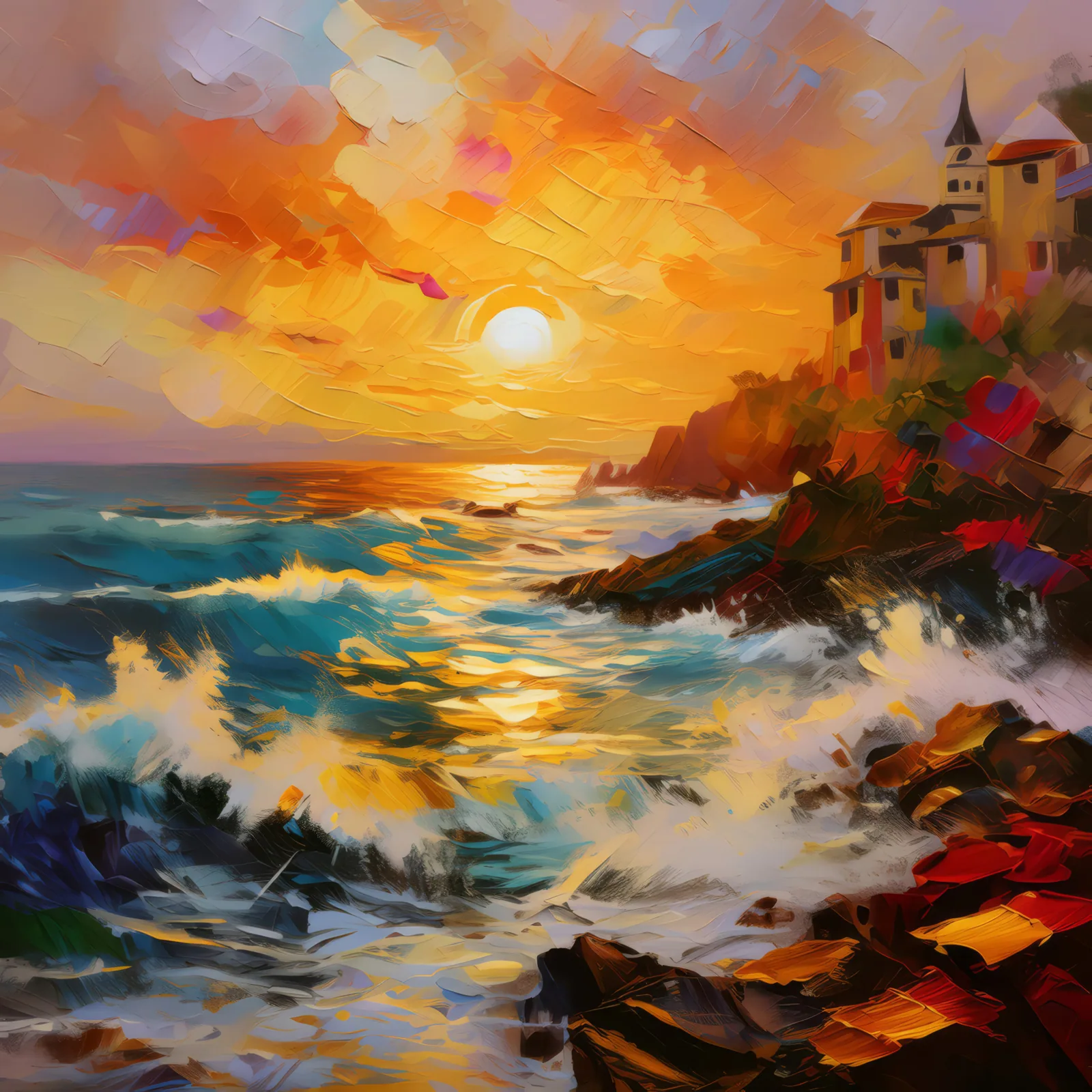 Ocean Waves at Sunset, a palette-knife oil landscape by Emma Mickelberg