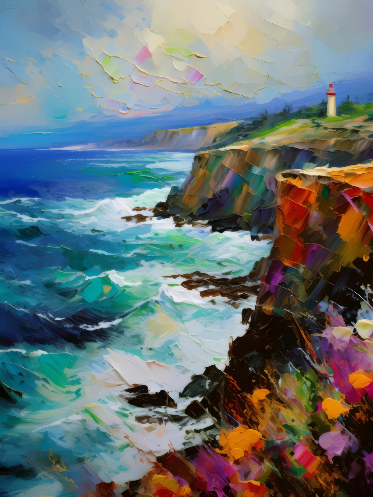Oceanfront Cliffside View, a palette-knife oil landscape by Emma Mickelberg
