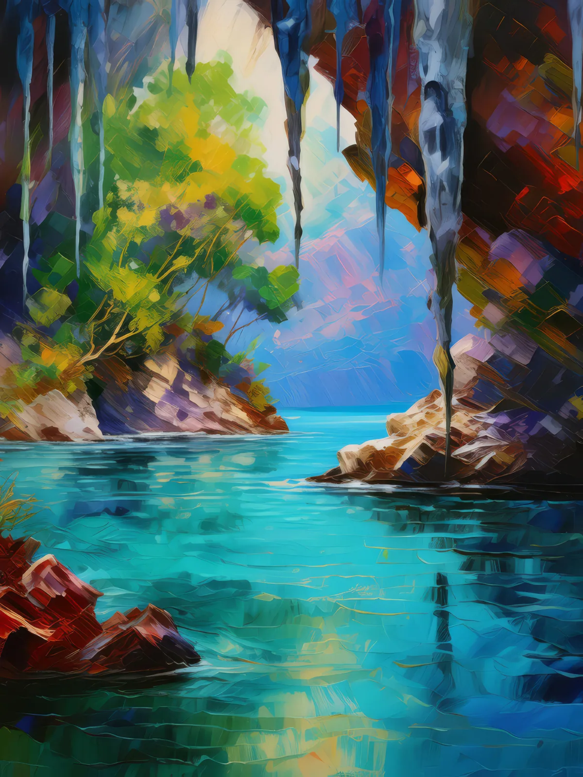 Oceanic Cave Exploration, a palette-knife oil landscape by Emma Mickelberg