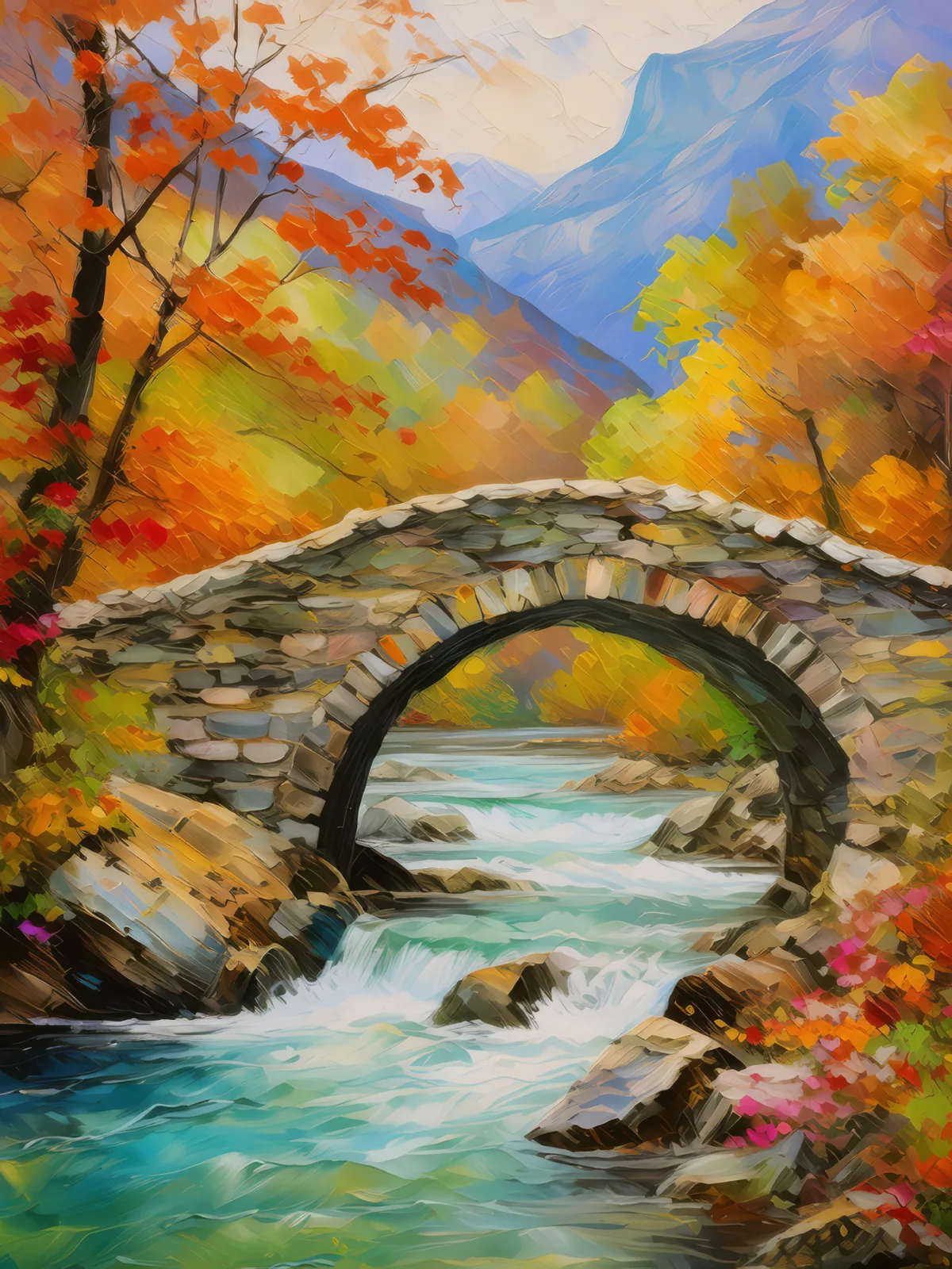 Old Alpine Stone Bridge, a palette-knife oil landscape by Emma Mickelberg