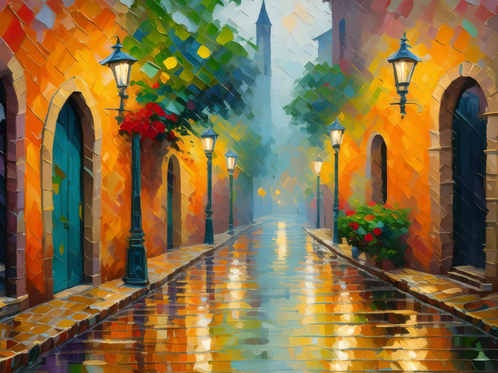 Old City Alley in Rain, a palette-knife oil landscape by Emma Mickelberg