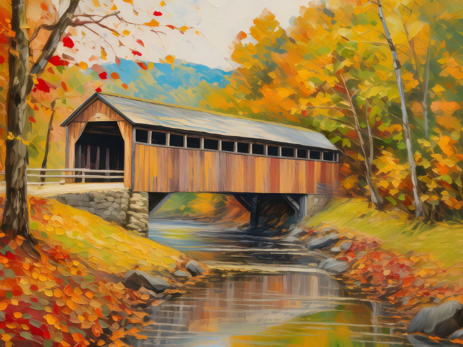 Old Covered Bridge in Fall, a palette-knife oil landscape by Emma Mickelberg