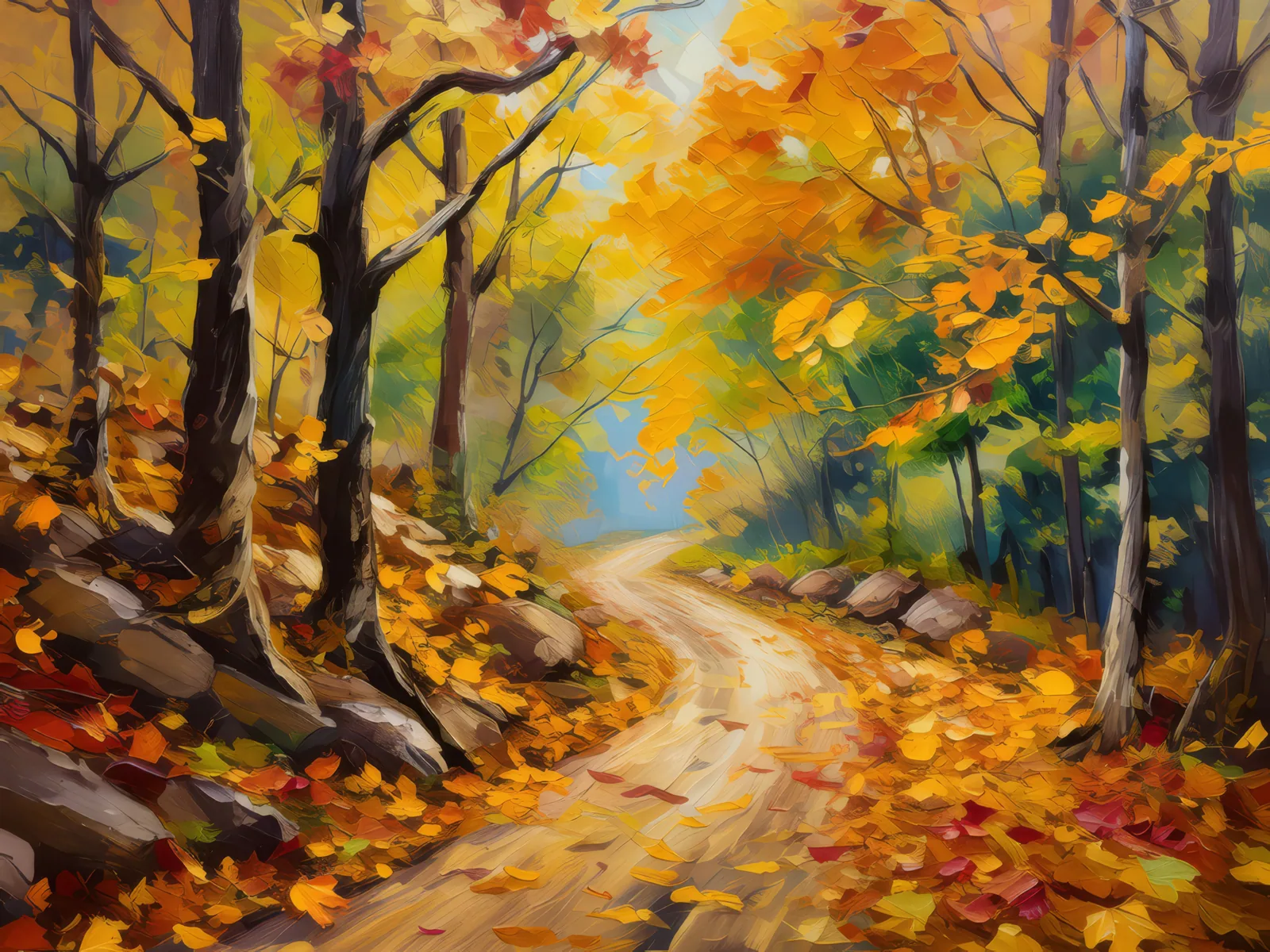 Old Forest Road in Autumn, a palette-knife oil landscape by Emma Mickelberg