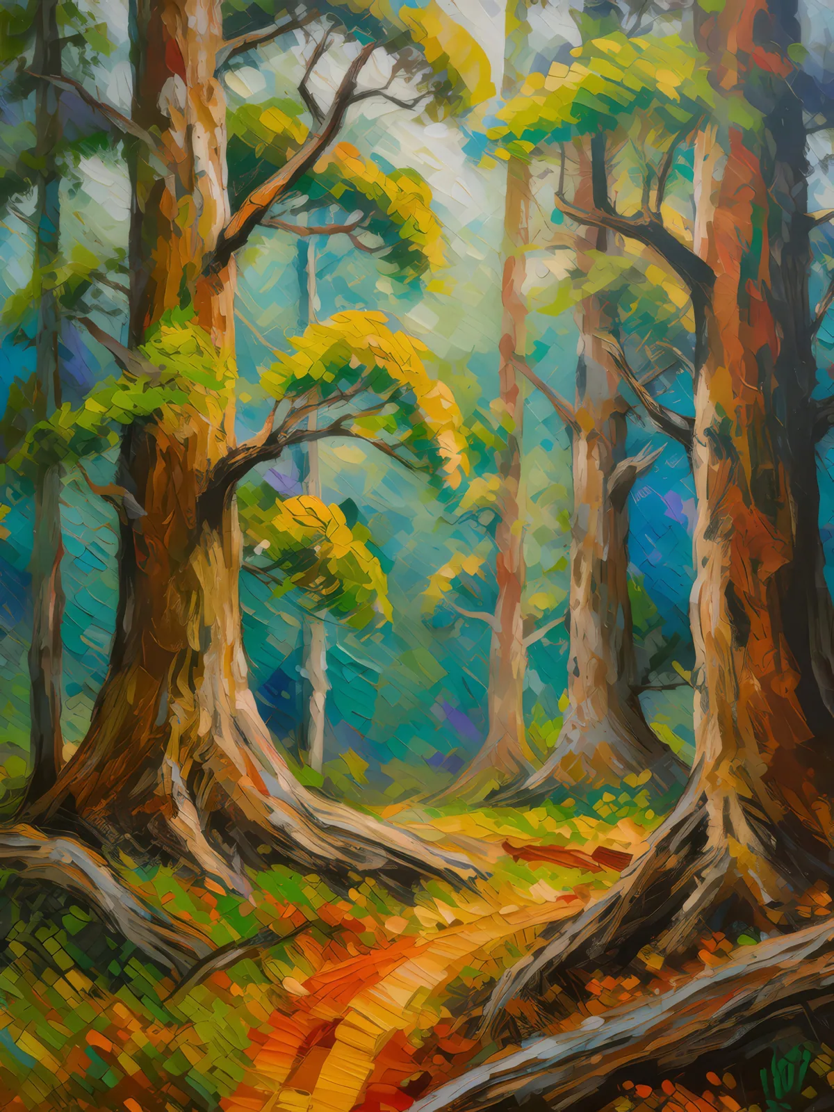 Old Growth Forest Majesty, a palette-knife oil landscape by Emma Mickelberg