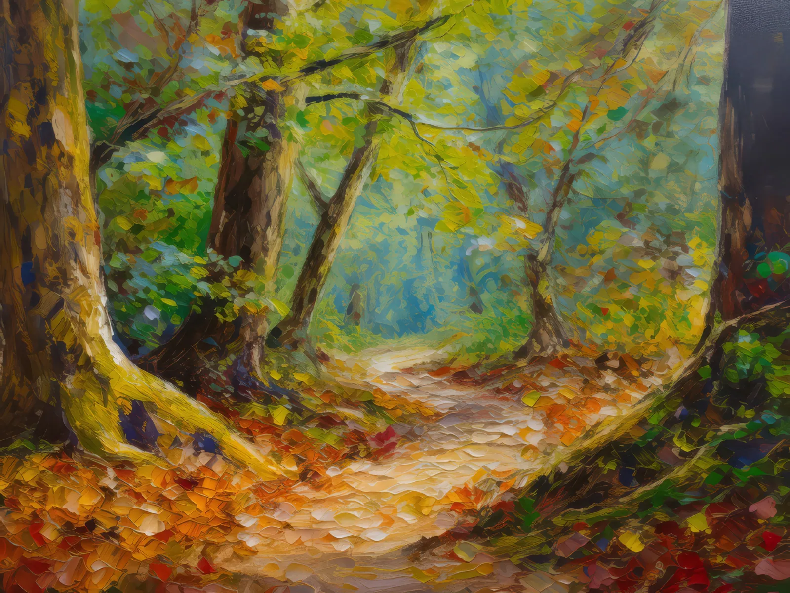 Old Growth Forest Path, a palette-knife oil landscape by Emma Mickelberg