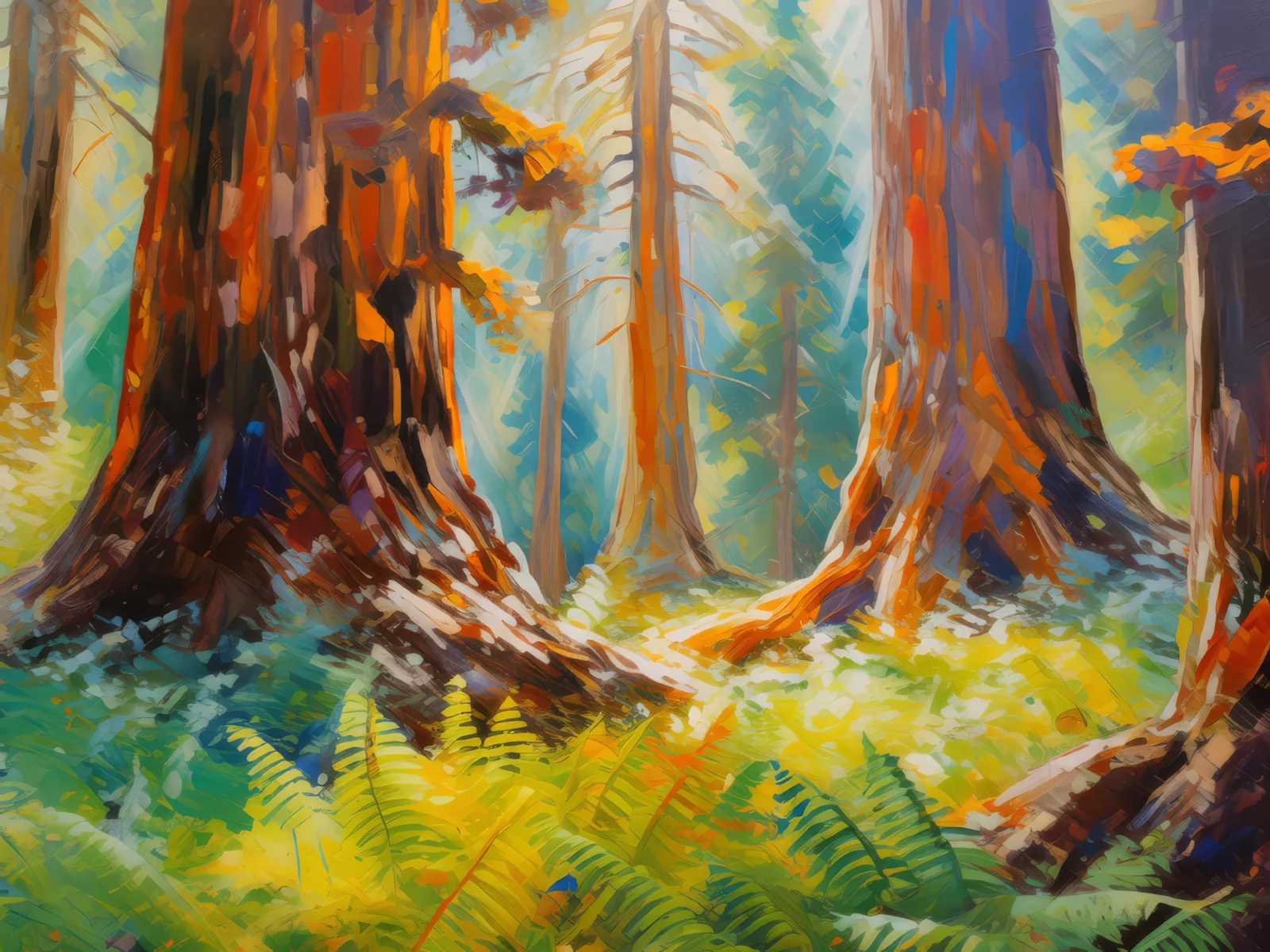 Old Growth Redwoods, a palette-knife oil landscape by Emma Mickelberg
