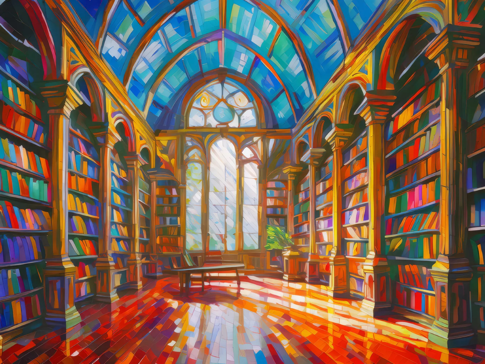 Old Library Interior, a palette-knife oil landscape by Emma Mickelberg