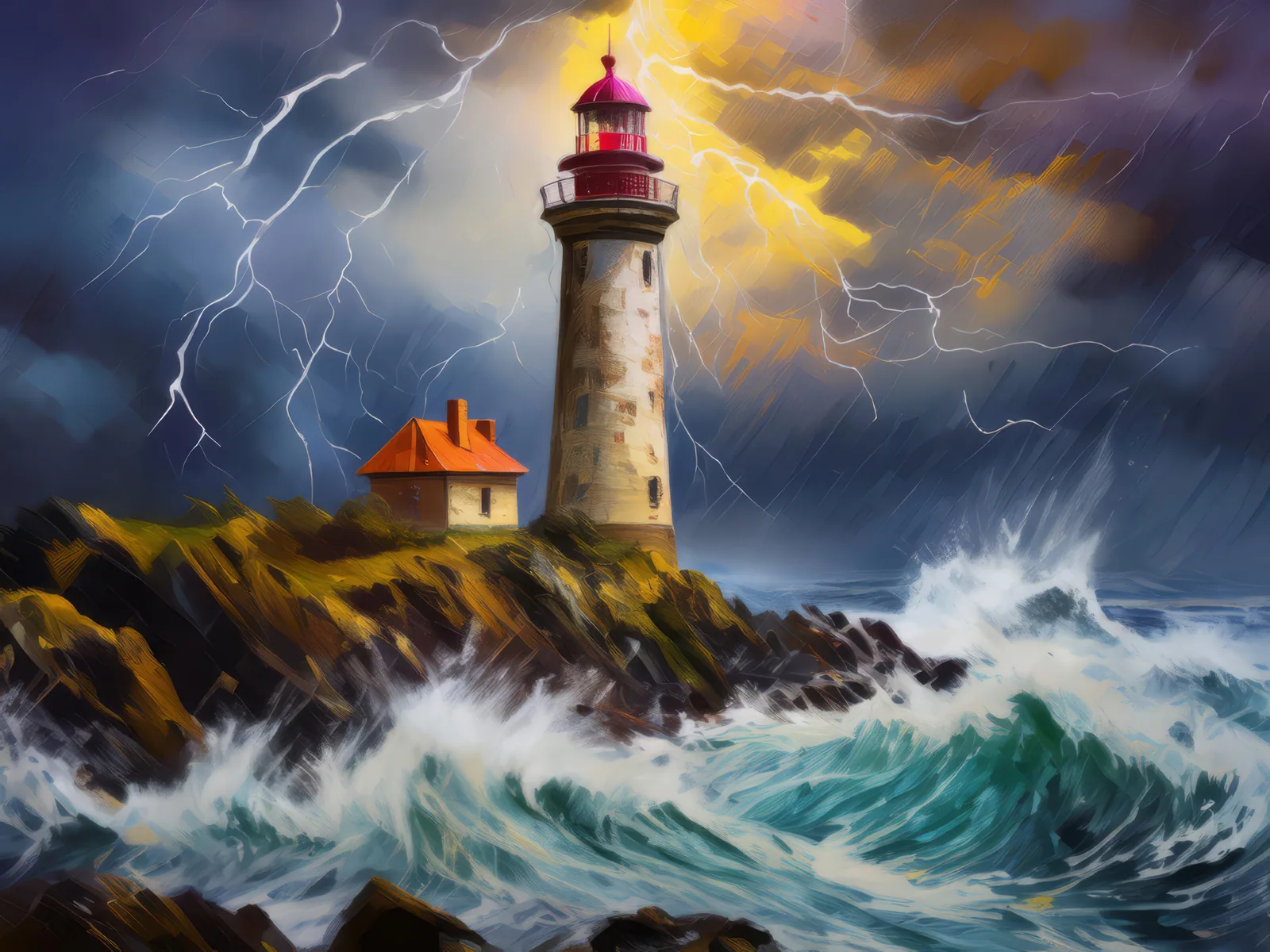 Old Lighthouse in Storm, a palette-knife oil landscape by Emma Mickelberg