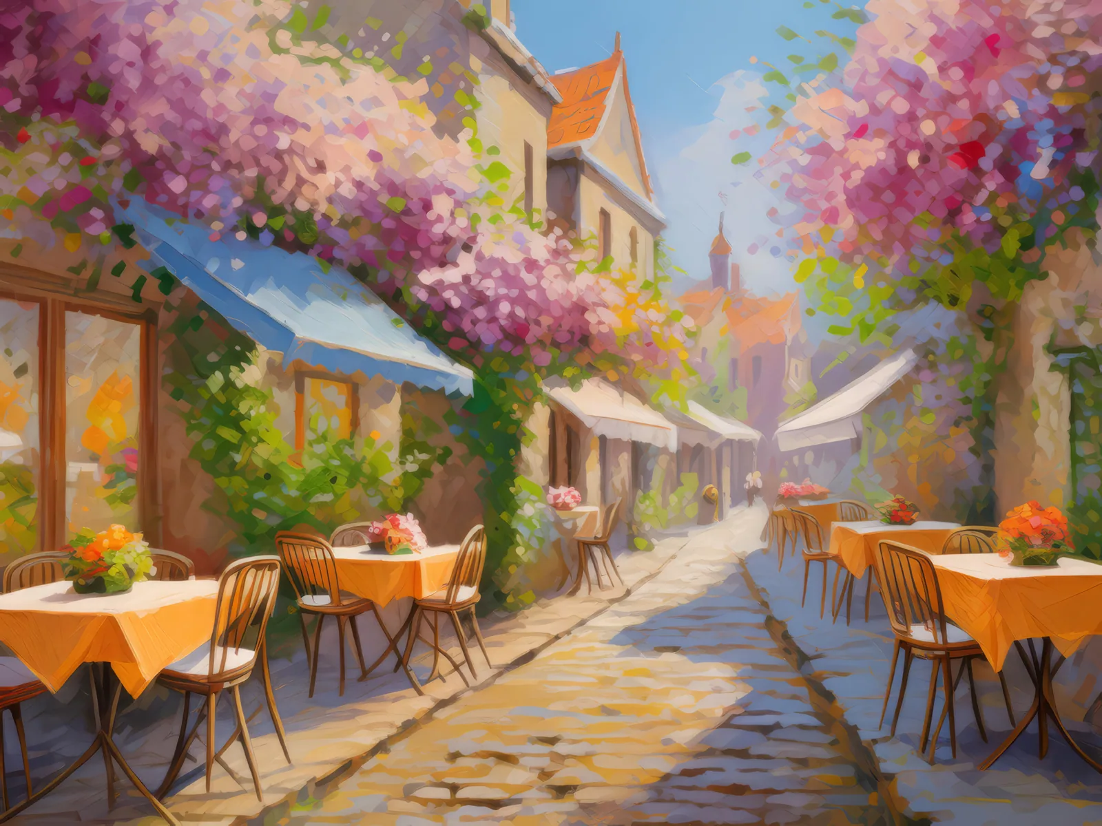 Old Town Alley in Spring, a palette-knife oil landscape by Emma Mickelberg
