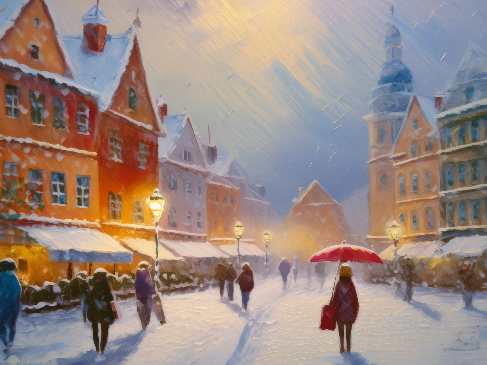 Old Town Snowfall, a palette-knife oil landscape by Emma Mickelberg
