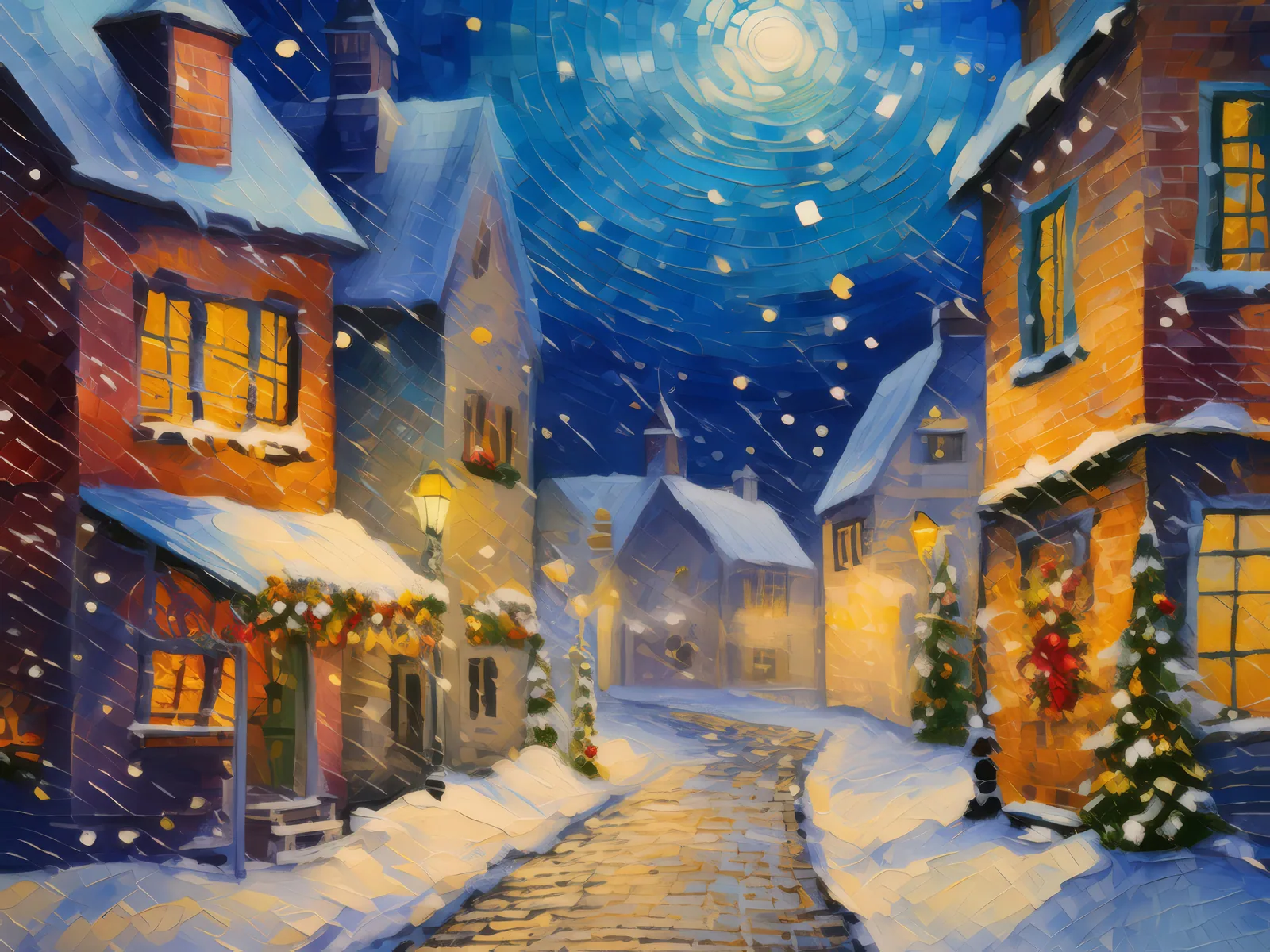 Old Town Snowy Night, a palette-knife oil landscape by Emma Mickelberg