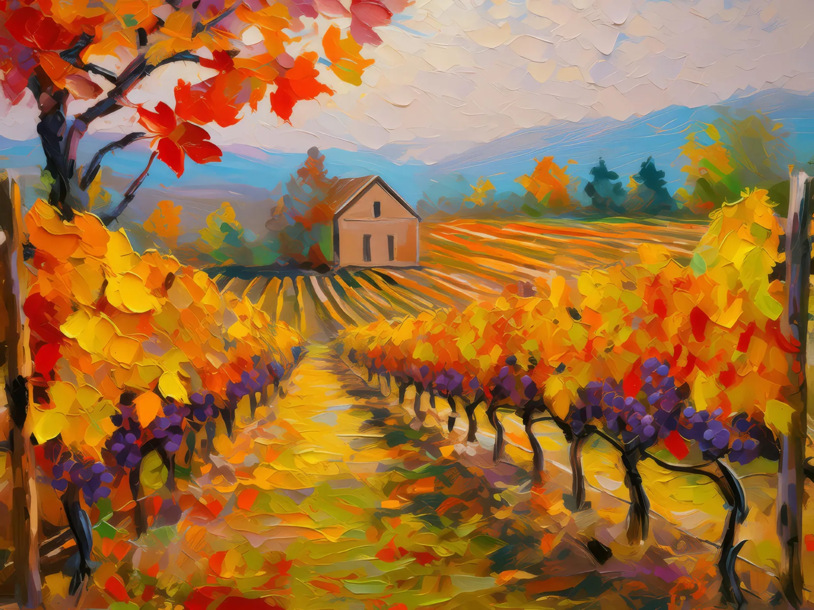 Old Vineyard in Autumn, a palette-knife oil landscape by Emma Mickelberg
