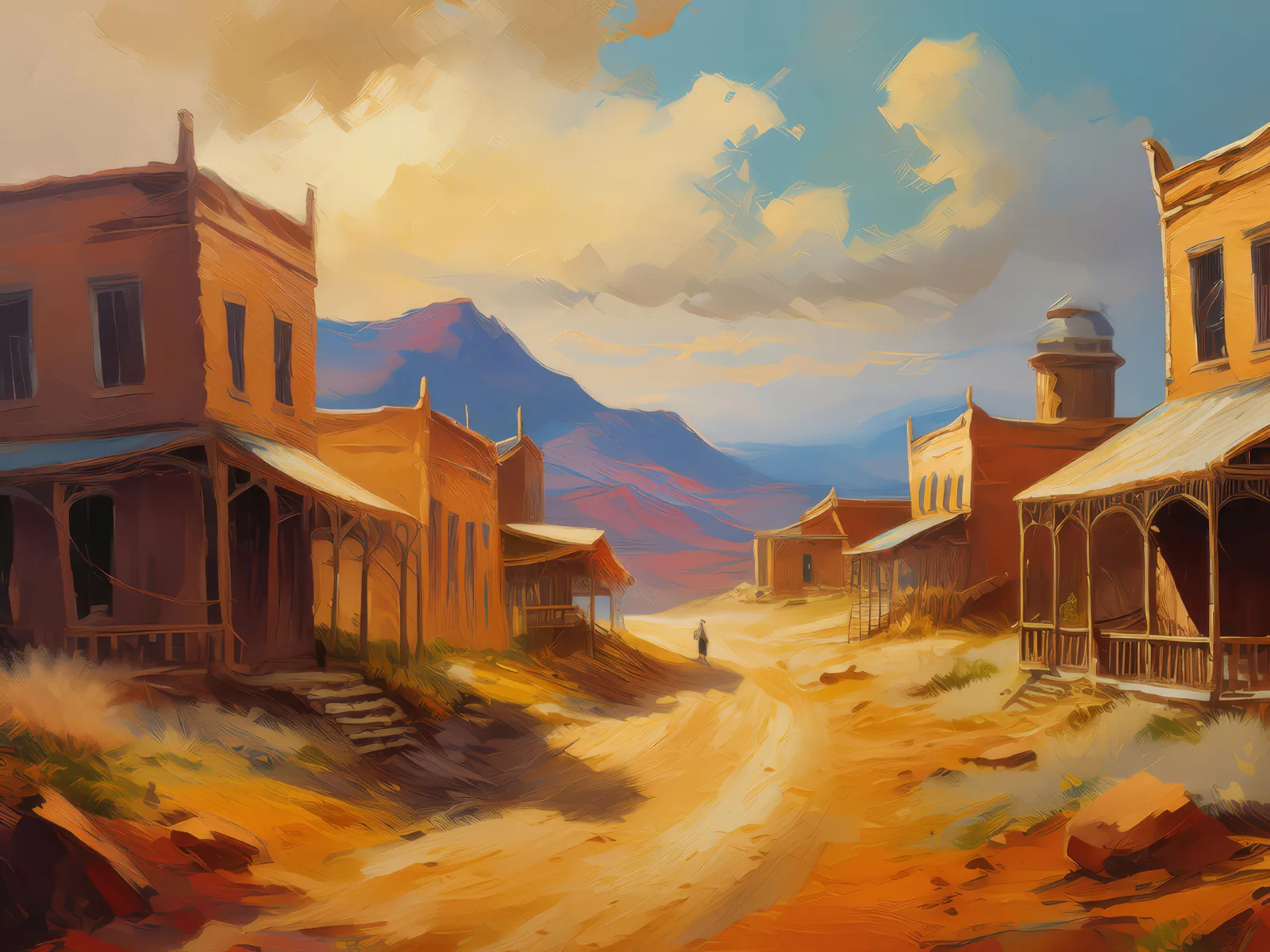 Old Western Ghost Town, a palette-knife oil landscape by Emma Mickelberg