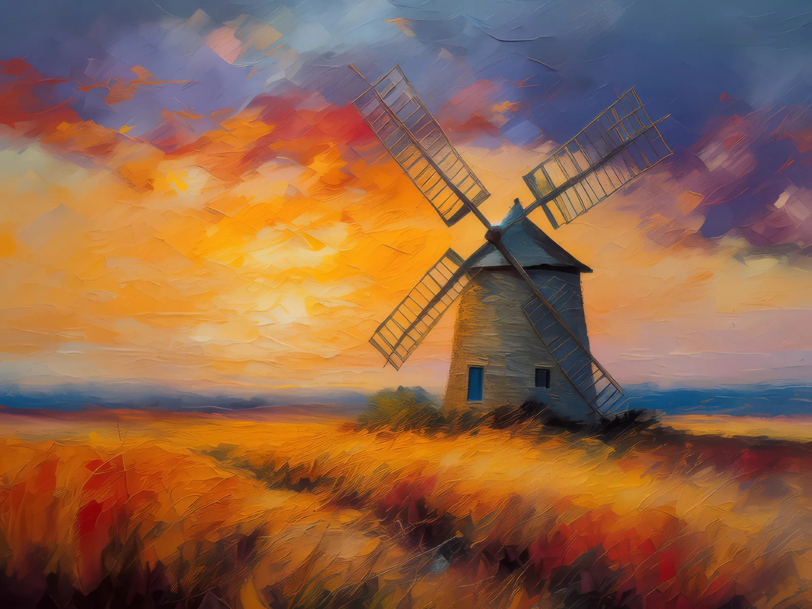 Old Windmill at Dusk, a palette-knife oil landscape by Emma Mickelberg