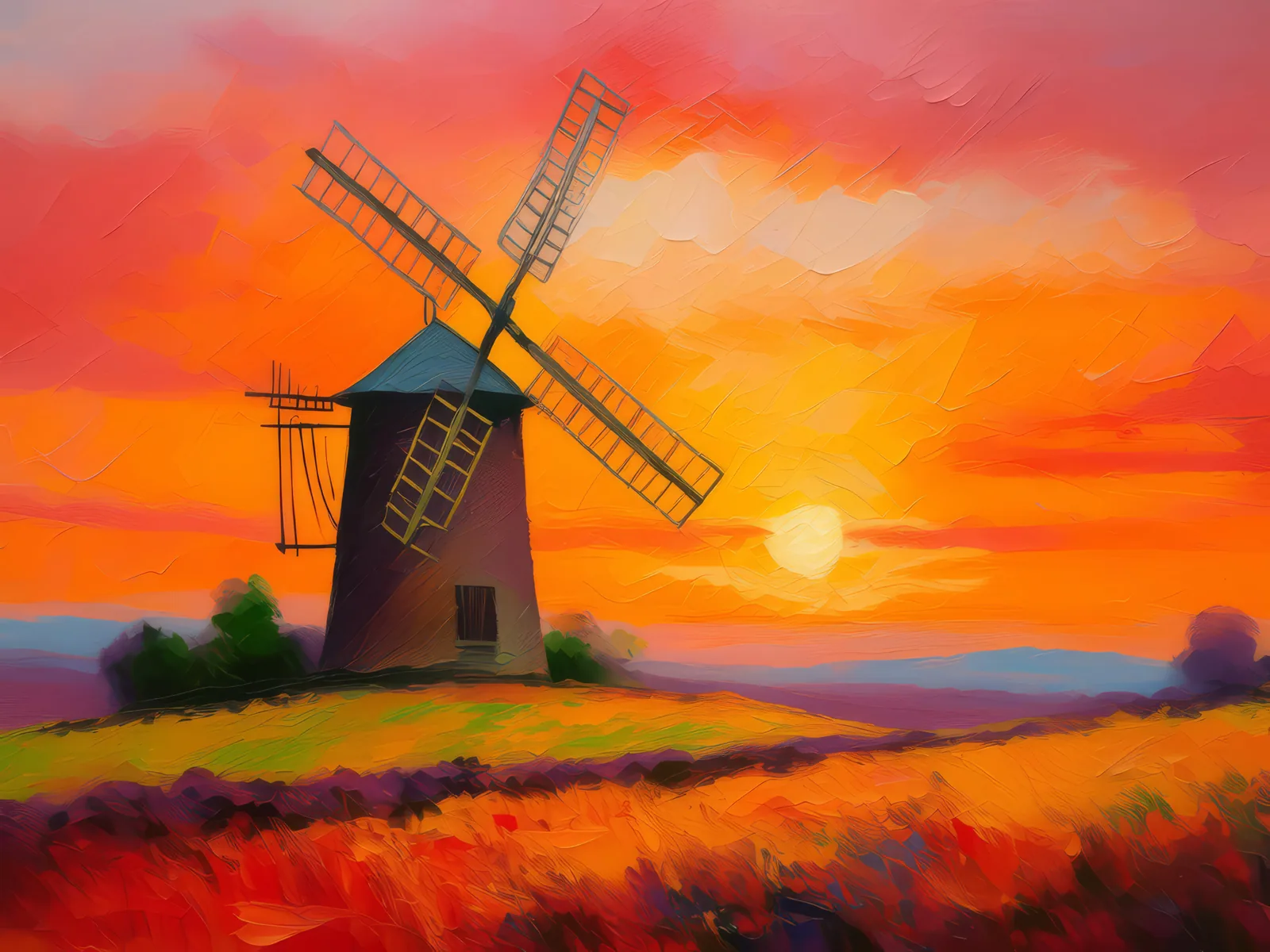 Old Windmill at Sunset, a palette-knife oil landscape by Emma Mickelberg