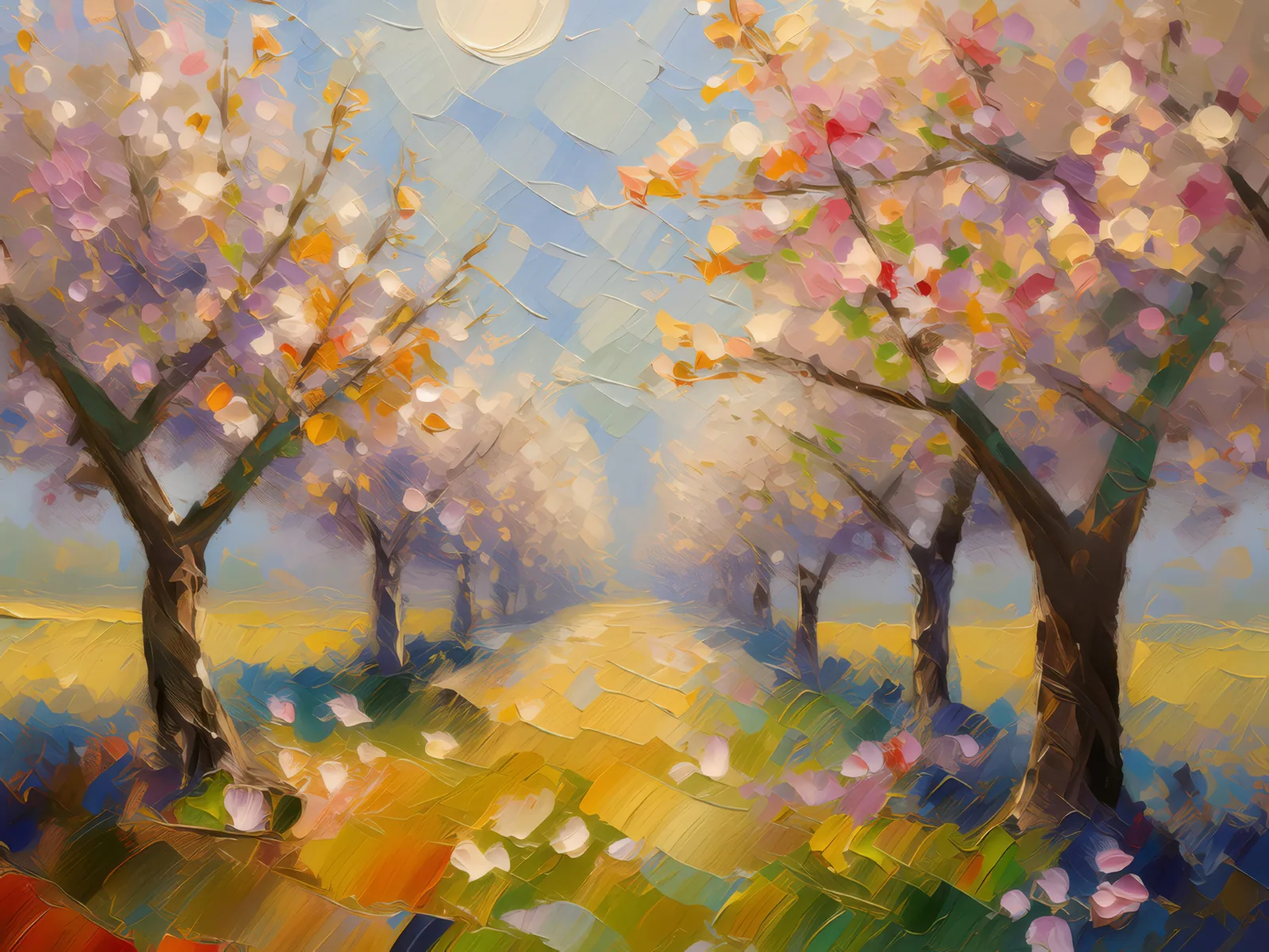 Orchard Blossoms at Dawn, a palette-knife oil landscape by Emma Mickelberg