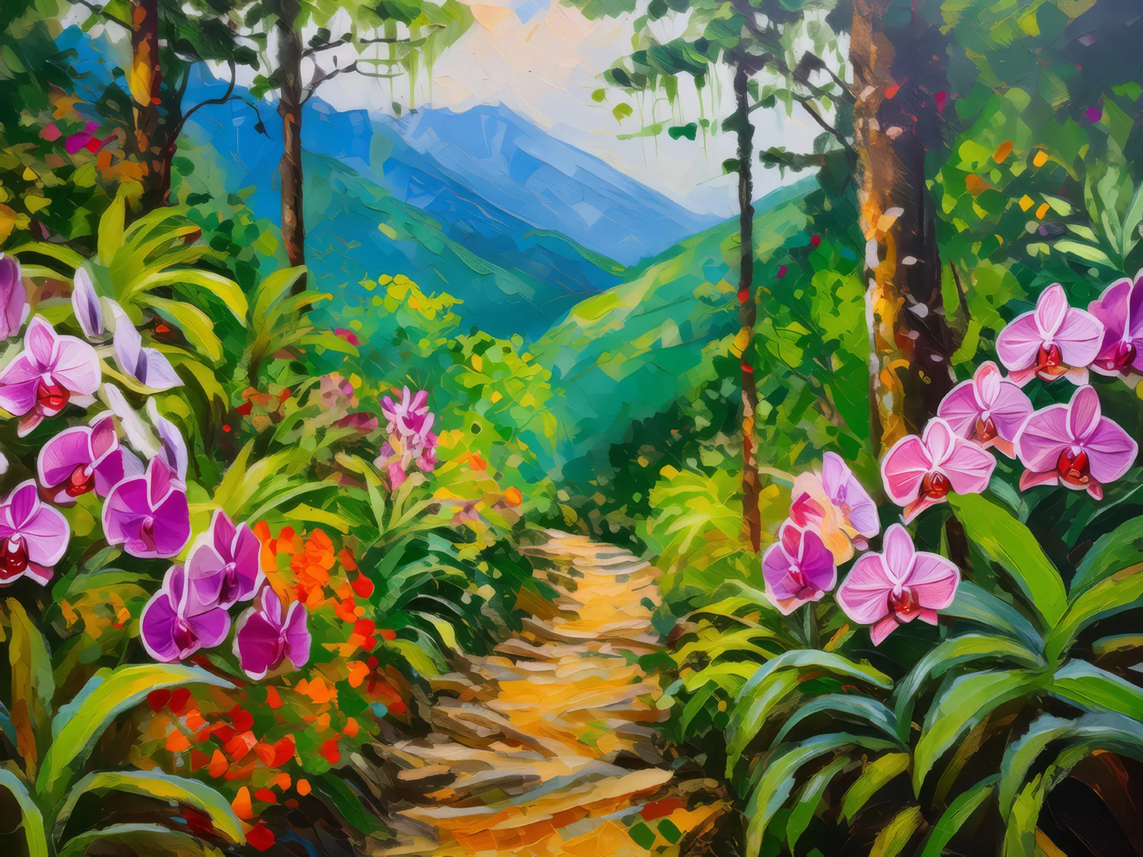 Orchid Paradise Mountain Trail, a palette-knife oil landscape by Emma Mickelberg
