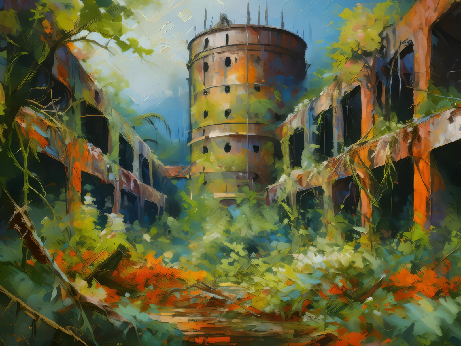 Overgrown Industrial Ruins, a palette-knife oil landscape by Emma Mickelberg
