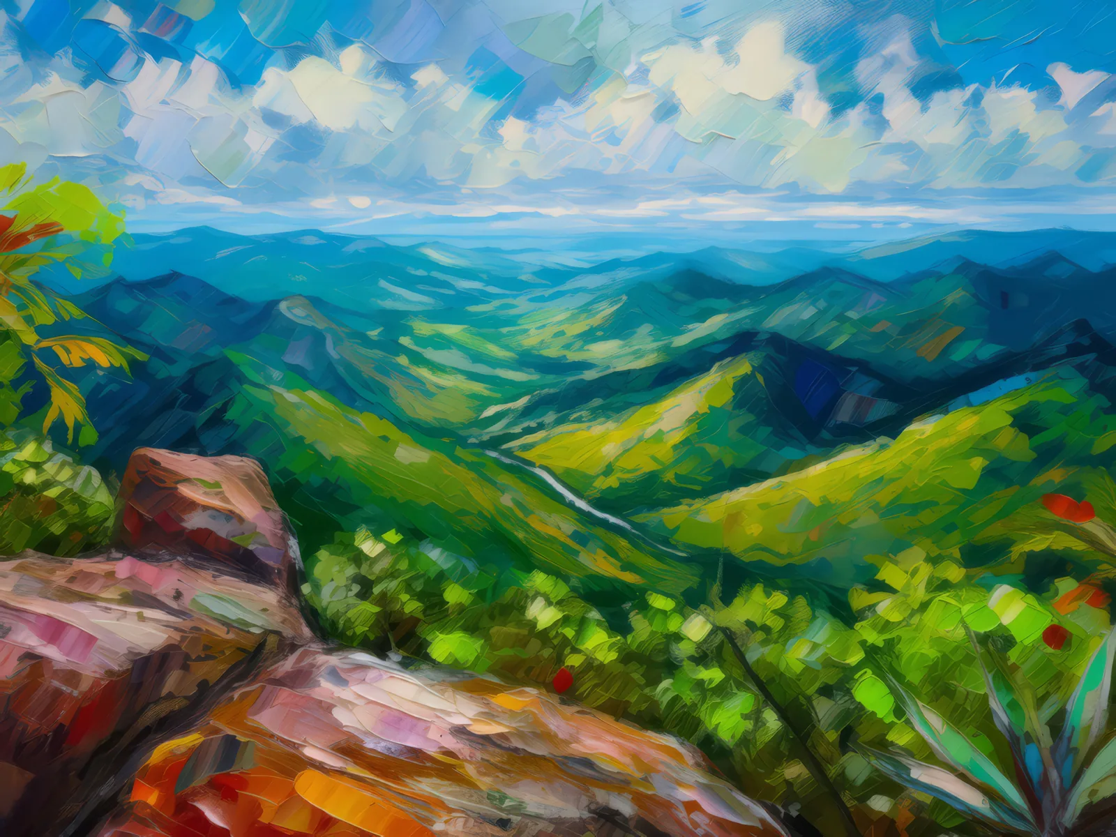 Overlook from Tropical Heights, a palette-knife oil landscape by Emma Mickelberg