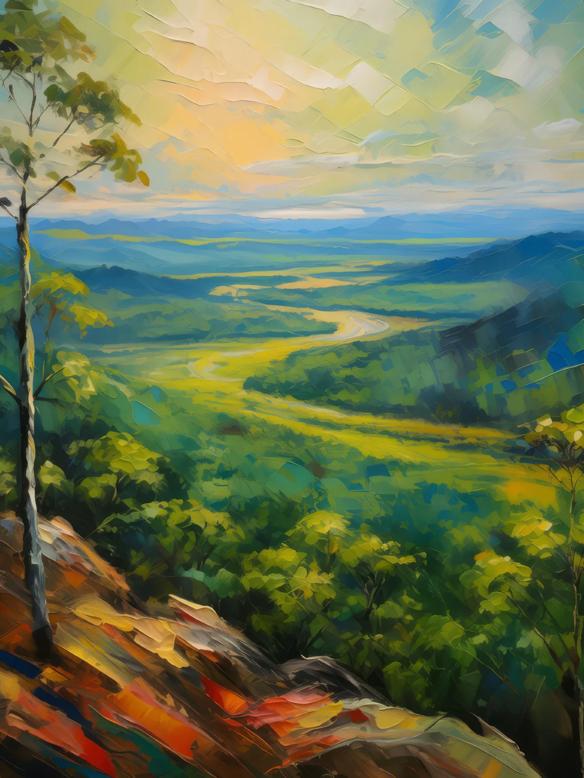 Overlook of Boreal Jungle, a palette-knife oil landscape by Emma Mickelberg