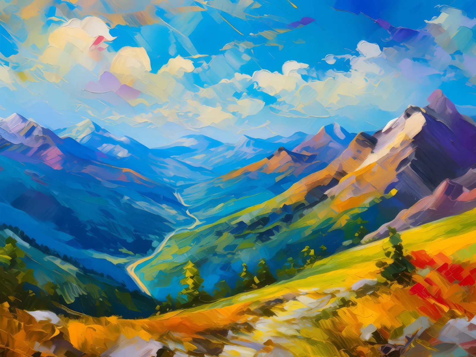 Overlooked Mountain Pass, a palette-knife oil landscape by Emma Mickelberg
