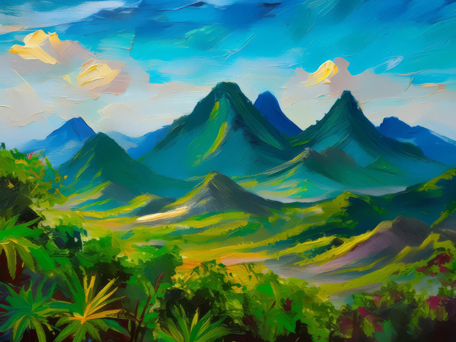 Panoramic View Tropical Peaks, a palette-knife oil landscape by Emma Mickelberg