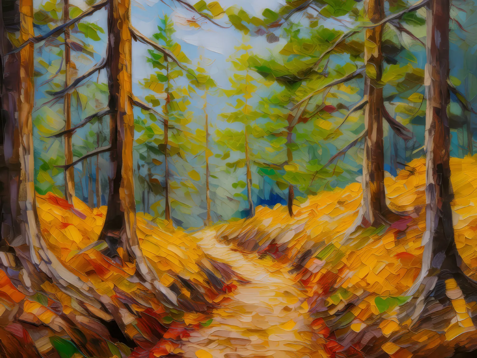 Path Through Boreal Forest, a palette-knife oil landscape by Emma Mickelberg