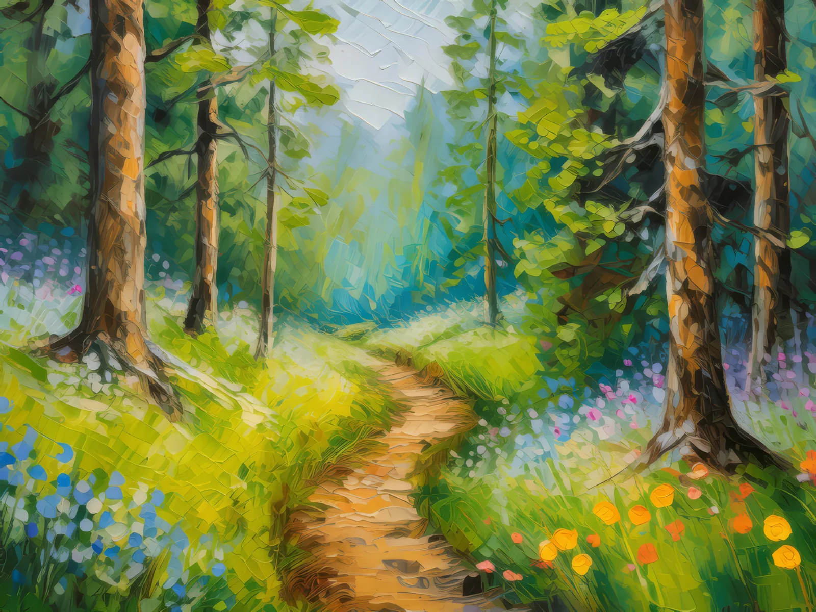 Path Through Spring Forest, a palette-knife oil landscape by Emma Mickelberg