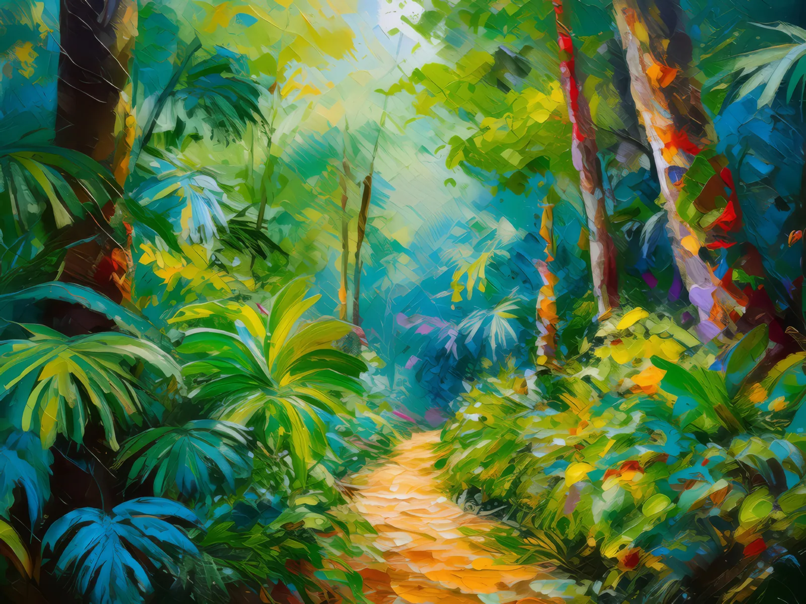 Pathway Through Jungle Majesty, a palette-knife oil landscape by Emma Mickelberg