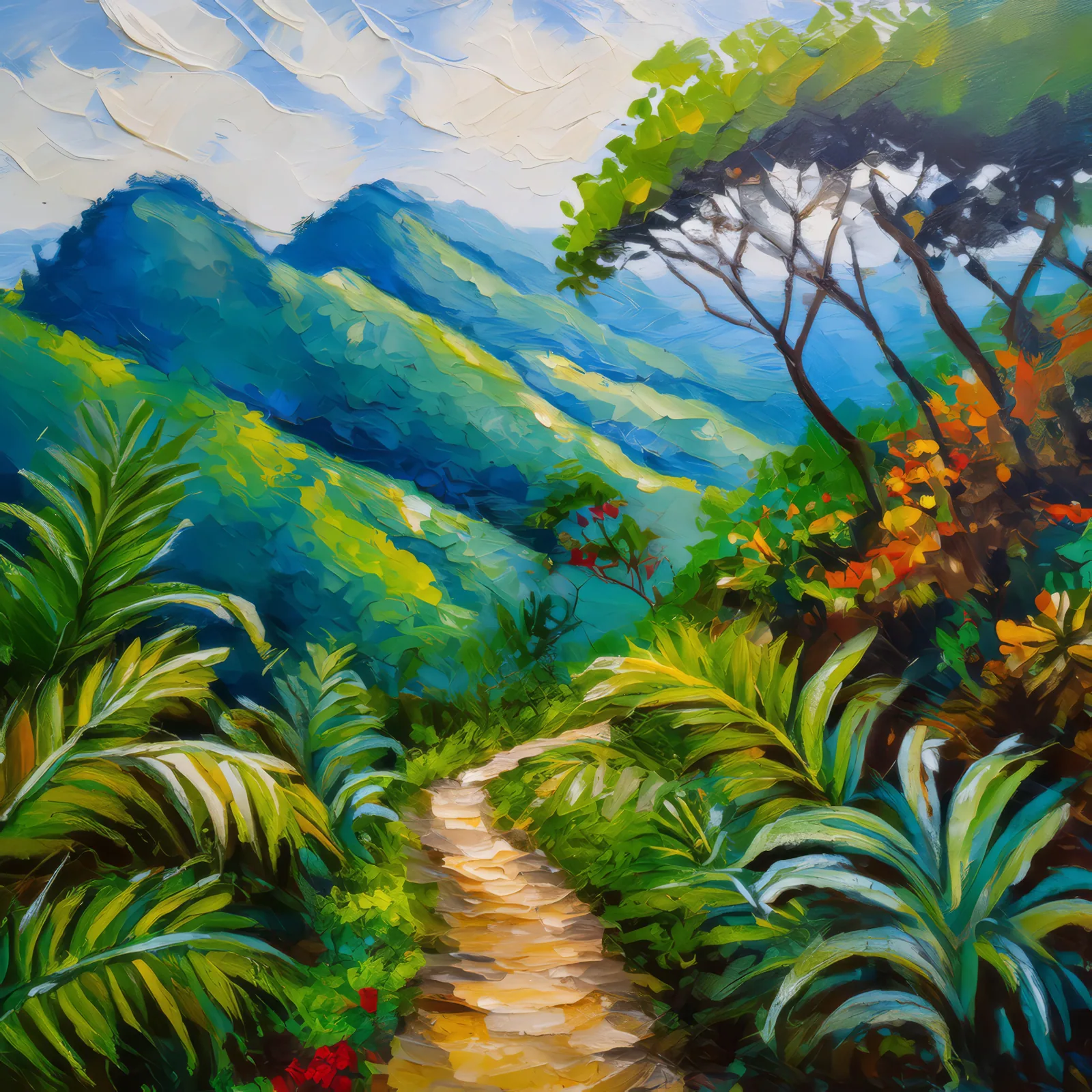 Pathway Through Tropical Heights, a palette-knife oil landscape by Emma Mickelberg